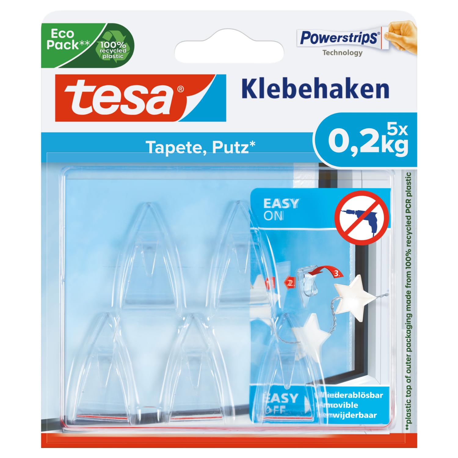 Tesa Uk Clear Tesa Adhesive Hooks For Glass - Invisible Hanging Hooks For Mirrors & Transparent Surfaces - Holds Up To 0.2 Kg Per Hook - Pack Of 5 Incl. 8 Adhesive Strips