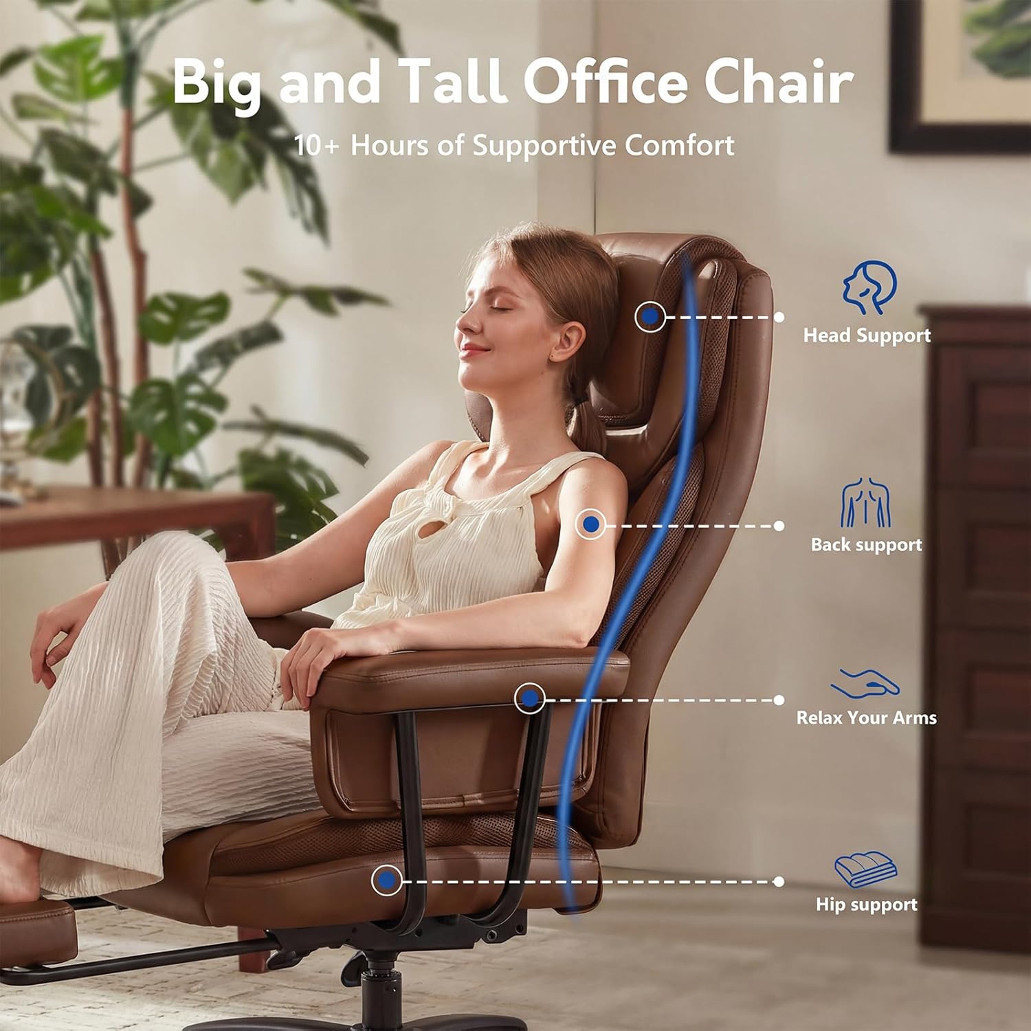Executive Office Chair Big and Tall 500LBS, 165° Reclining Heavy Duty Office Chair with Footrest & Quiet Rubber Wheels, Height Adjustable, Soft Strong Padded Arms, Brown