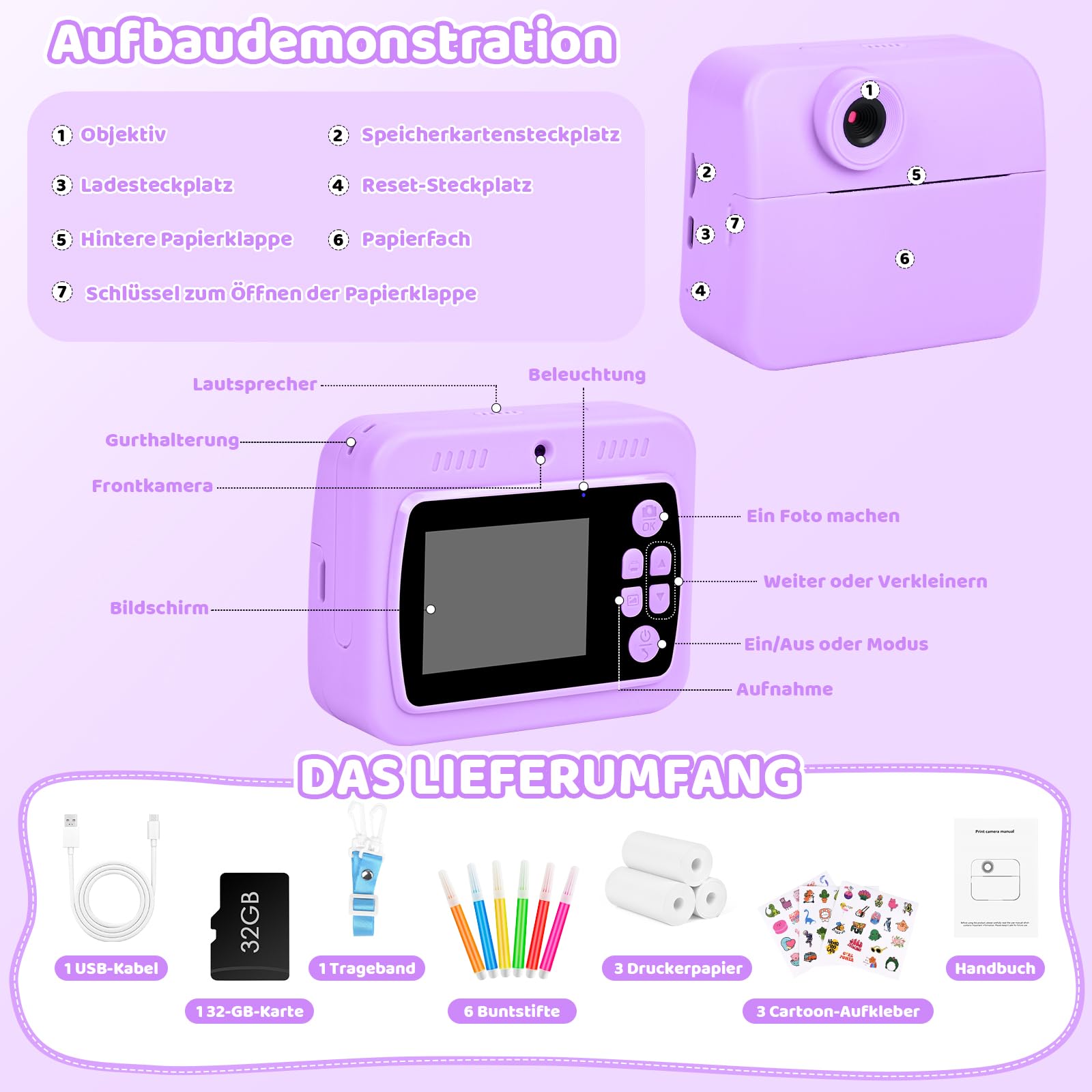 GuKKK 1080p aparat dziecięcy, aparat cyfrowy z ekranem 2,4", dla dzieci, z kartą 32 GB, 13 rolek papieru do drukowania, 5 kolorowych długopisów, prezent (Fioletowy)