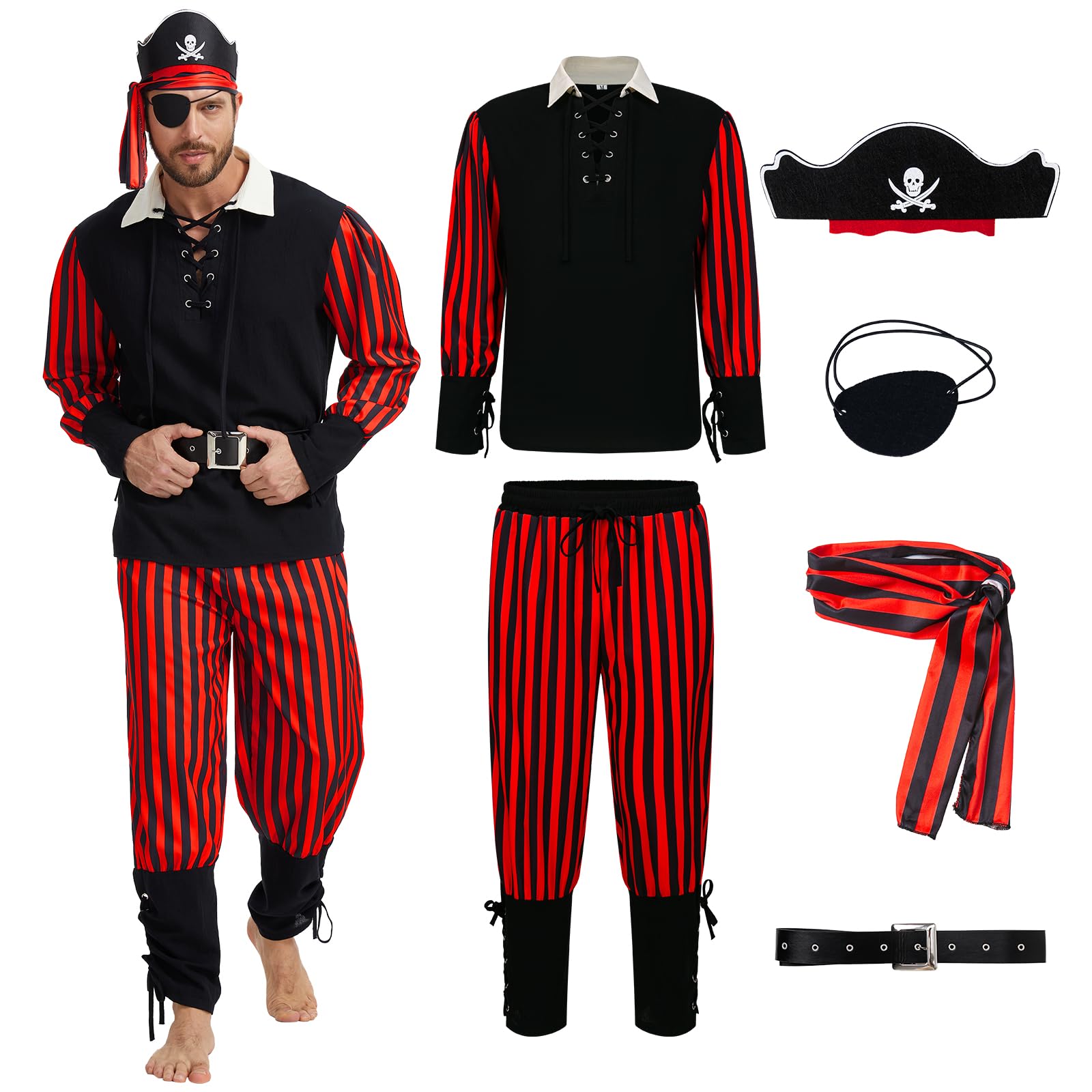 rumnigh 6 PCS Adult Men's Pirate Costume Outfit Renaissance Pirate Shirt Viking Pants Hat Set for Halloween Carnival Party (Black, XL) โ image 1