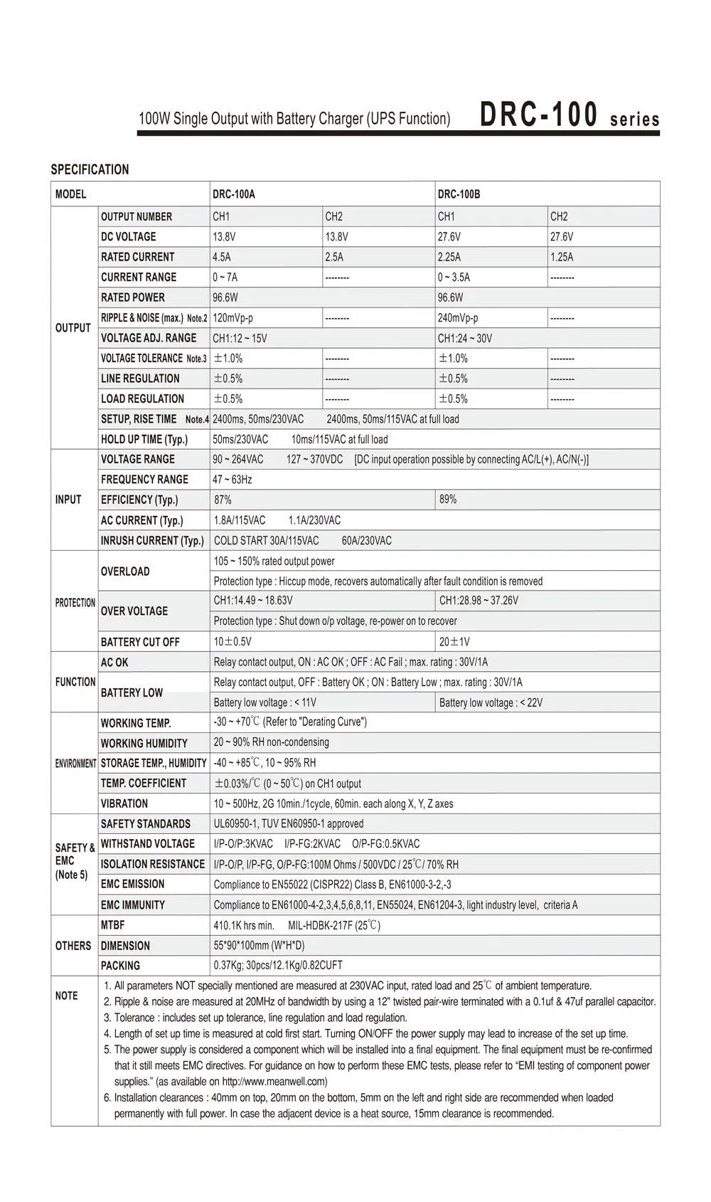 1 pièces DRC-100A DRC-100B 13.8V 27.6V 100W UPS DIN Rail Industrie de sécurité ou systèmes de Batterie Alimentation à découpage(DRC-100A)