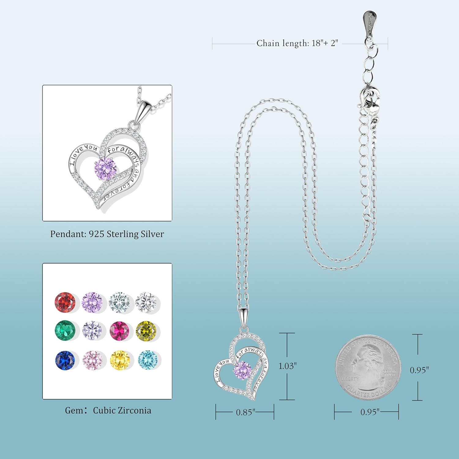 Birthday Gifts Double Heart Birthstone Necklace for Women, S925 Sterling Silver Pendant Necklace Jewelry for Her Mother Mom Wife Girlfriend - Image 2