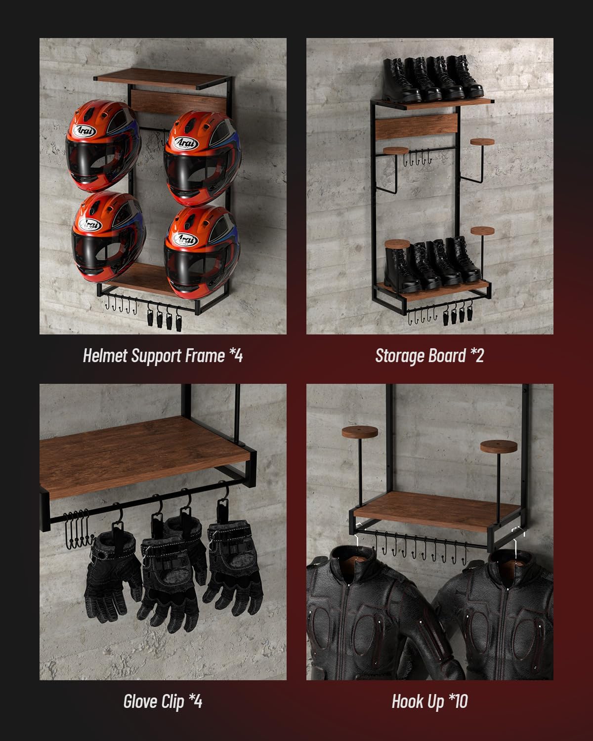 Vieshful Motorcycle Helmet Holder Wall Mount, Helmet Organize Rack with 2 Layer Wooden Boards and 4 Hat Stands,Helmet Hanger for Motorcycle Accesories Storage with 4 Glove Chips and 10 hooks