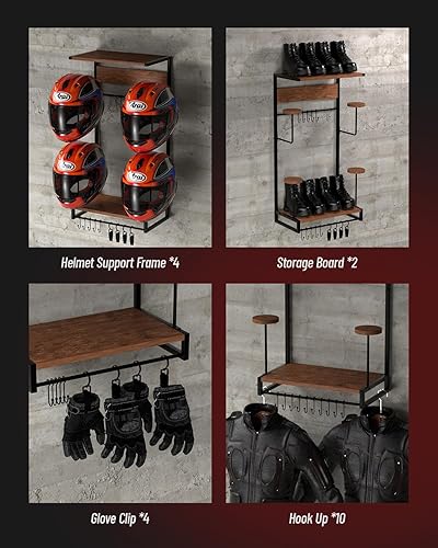 Miniatura 4 de Vieshful Soporte de pared para casco de motocicleta, organizador de casco con tablas de madera de 2 capas y 4 soportes para sombreros, colgador de