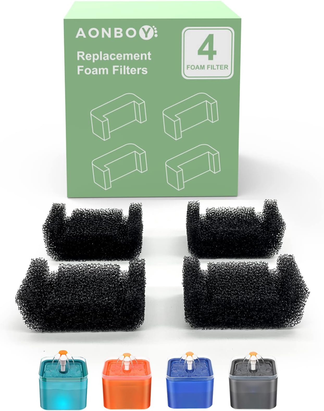 AONBOY Cat Water Fountain Pump Filters, Suitable for AONBOY Pet Fountain Pump F2, Cat Fountain Filter, Triple Filtration (4 Pieces)