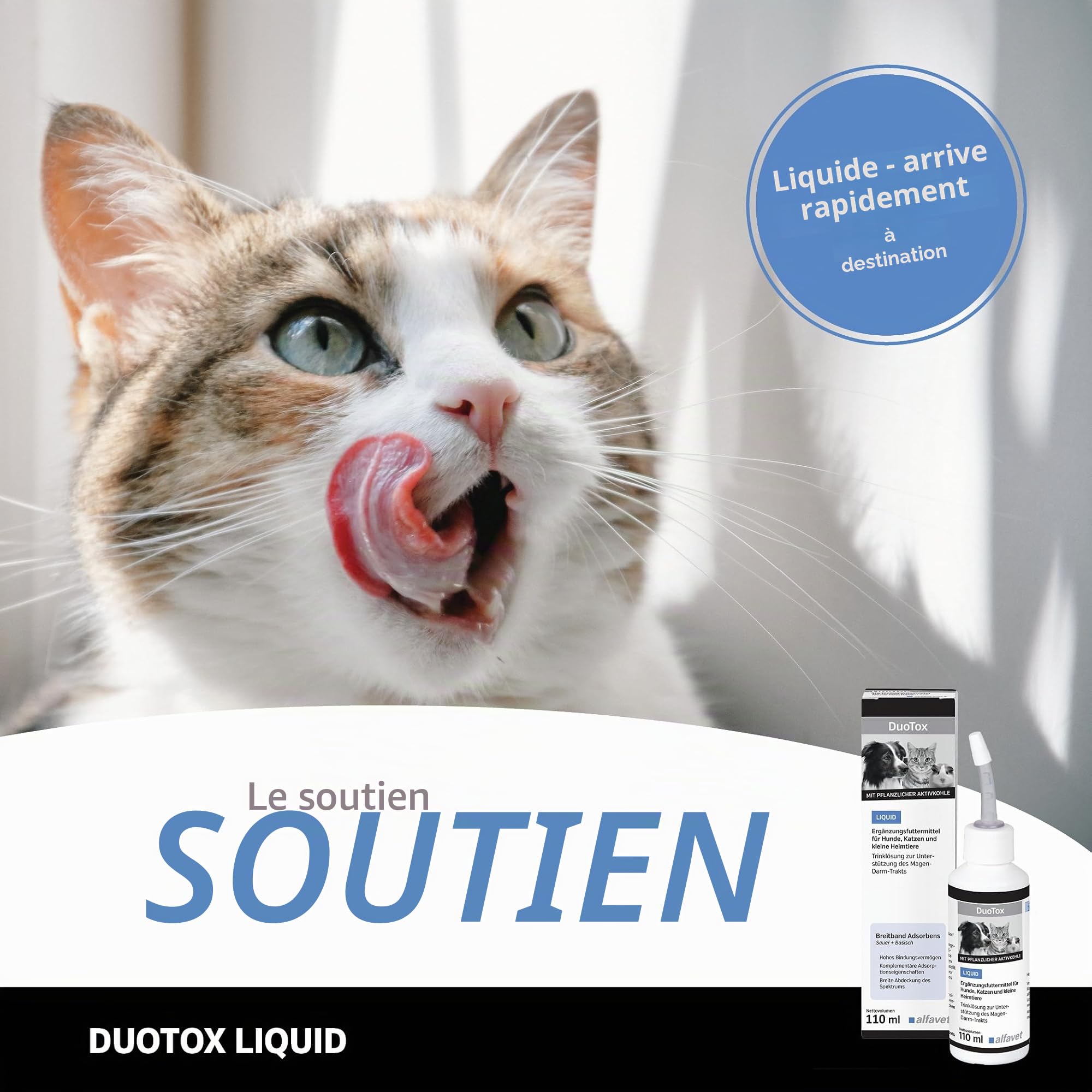 alfavet DuoTox Liquid Complément alimentaire aigu au charbon végétal et à la bentonite, pour soutenir le tractus gastro-intestinal chez les chiens, chats, petits animaux de compagnie, avec embout