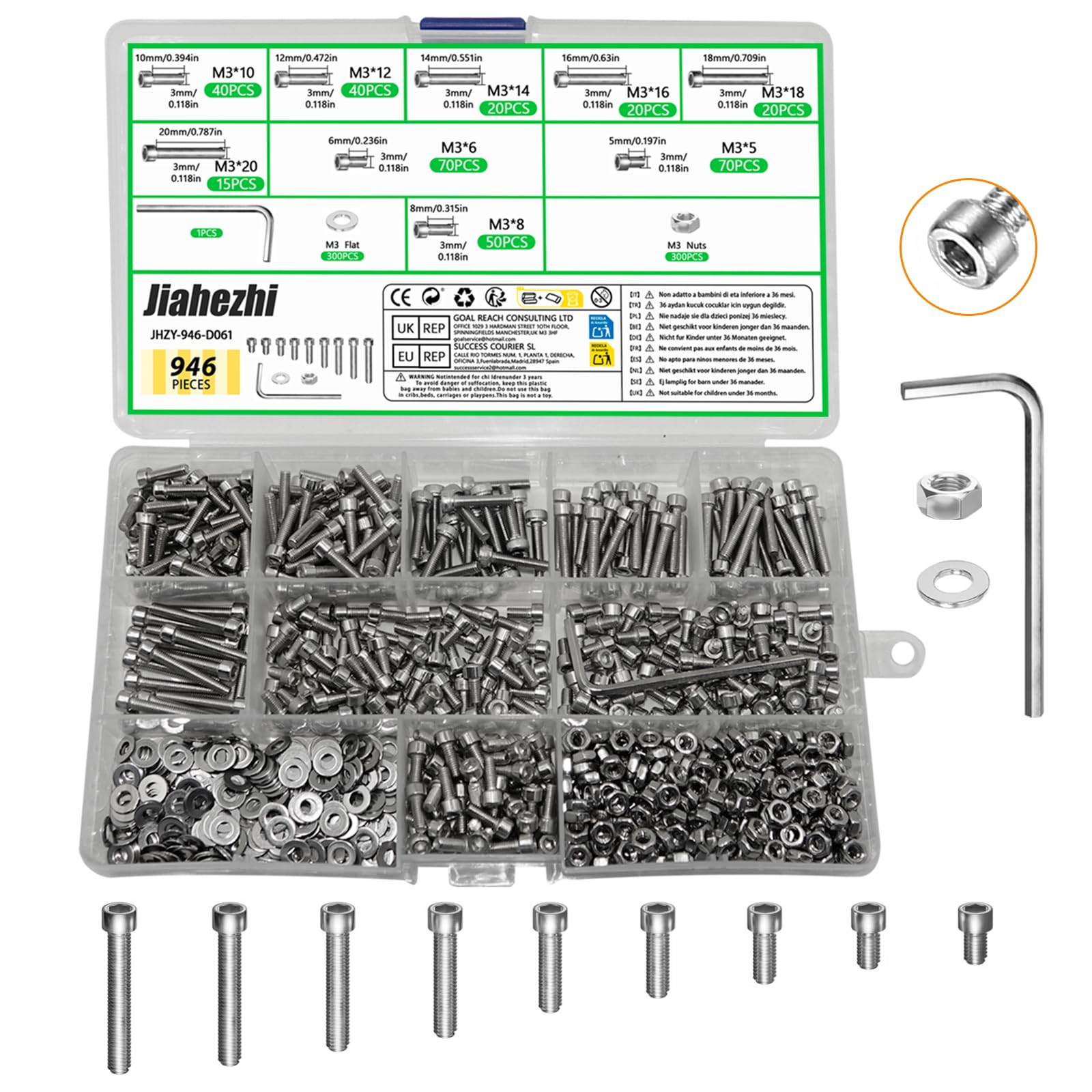 Jiahezhi 946 Pcs M3 Nuts and Bolts Set Hex Socket Head Cap Screws