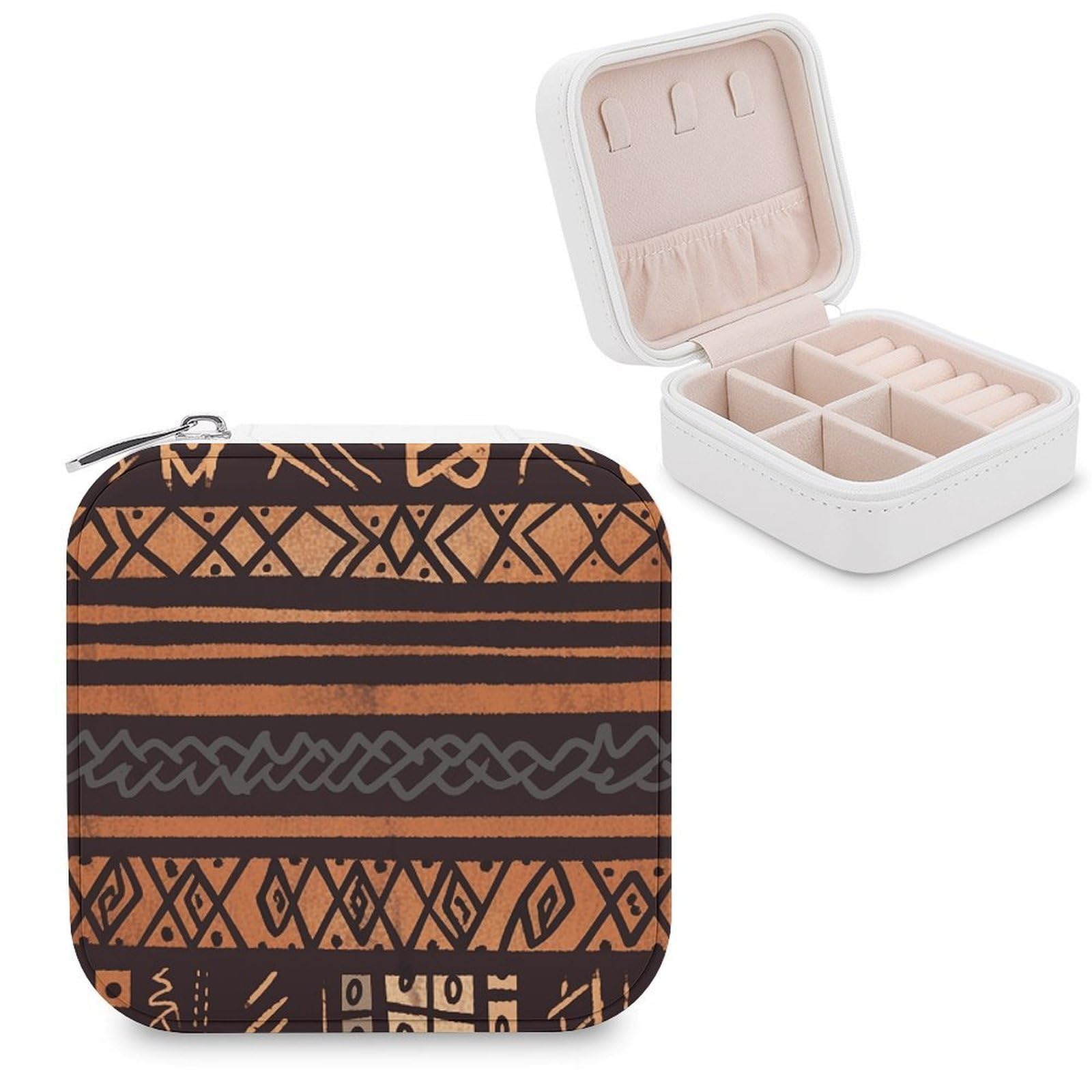 LZQPOEAS African Mud Cloth Tribal Jewelry Box Small Jewelry Case PU Leather Portable Travel Jewelry Case, Large Capacity for Rings Earrings Necklaces Bracelets Watch