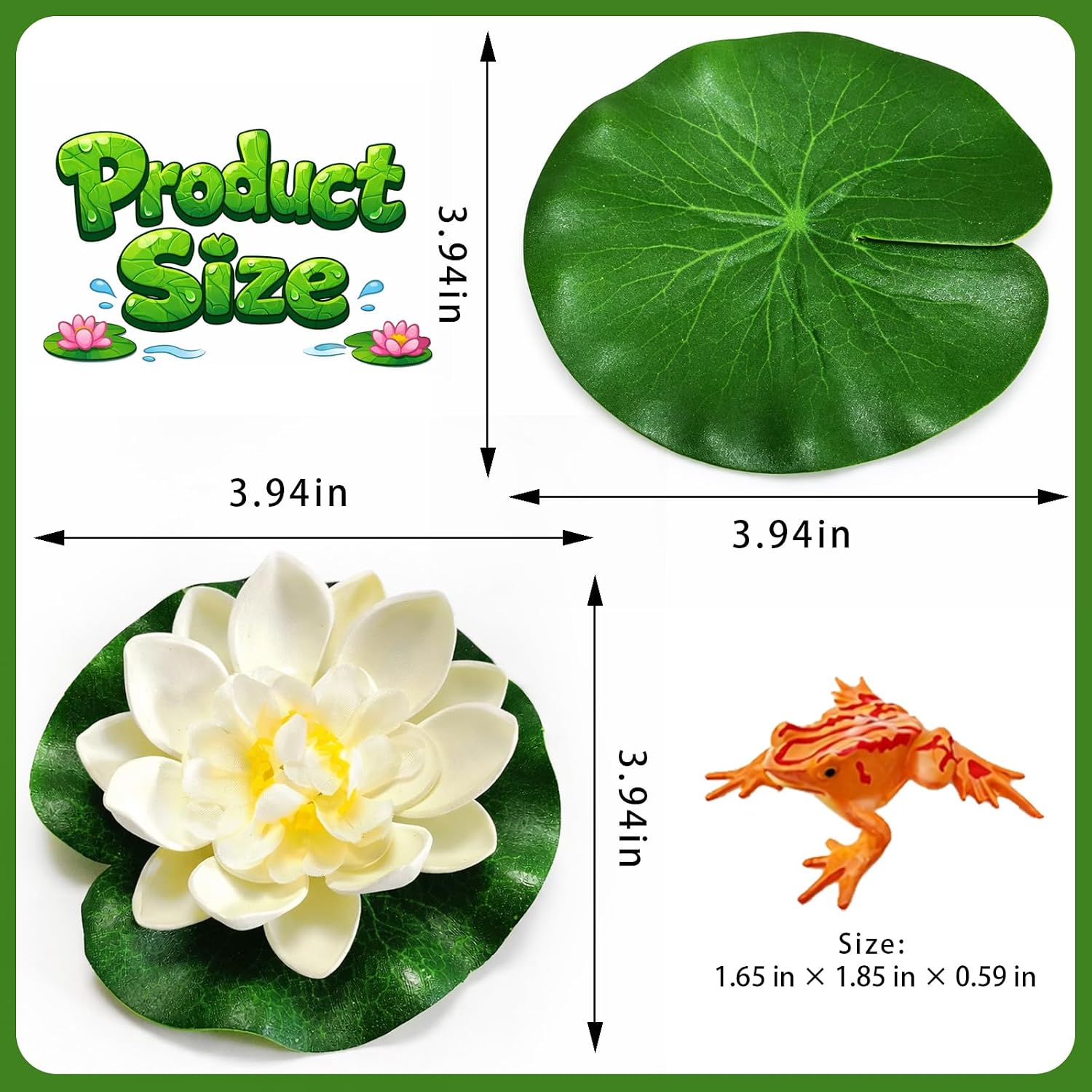 12PCS Artificial Floating Lily Pads Set, 8 Realistic Lily Pads, 2 Lotus Flowers & 2 Floating Frogs, Pond Pool Fountain Water Feature Decorations