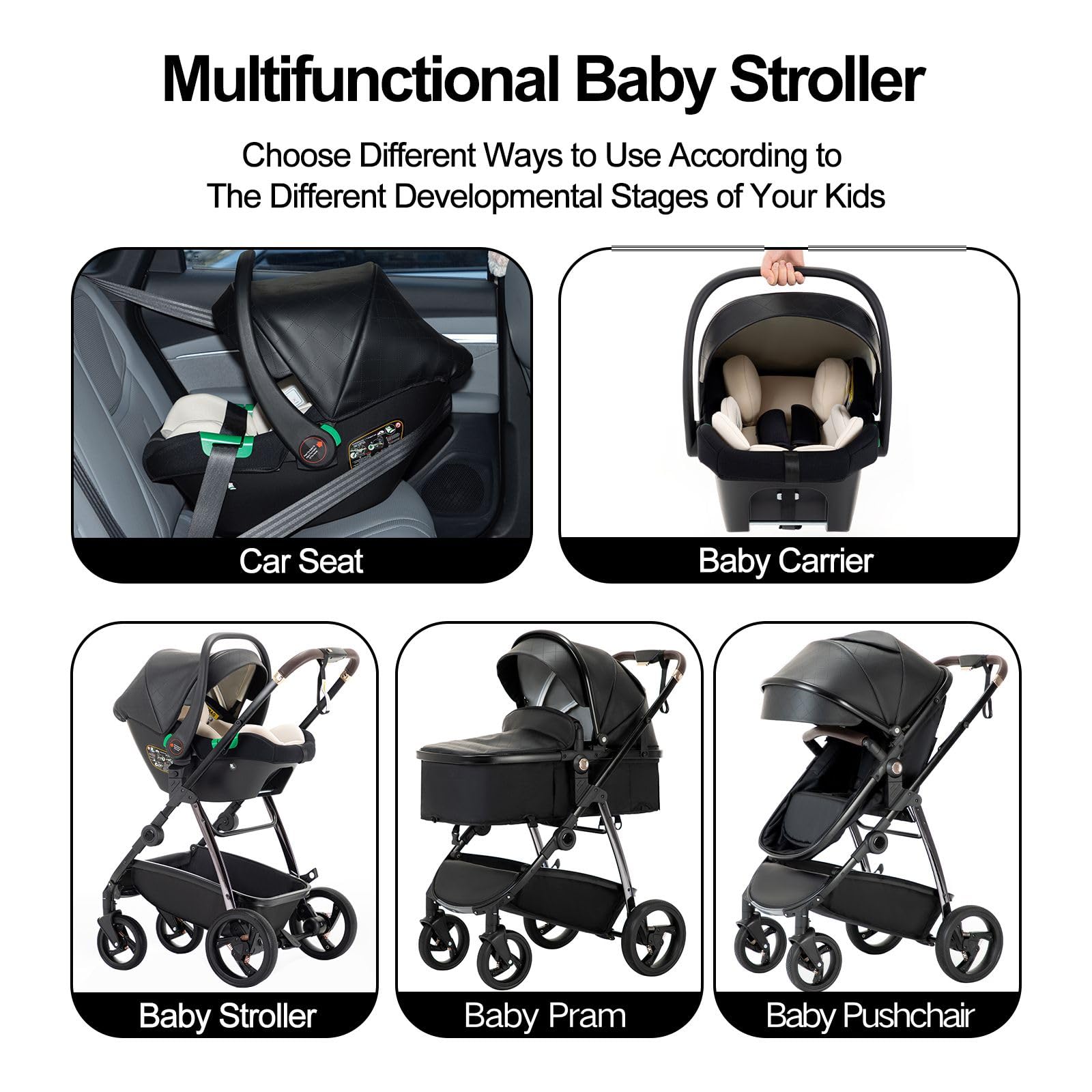 Cueros 3 en 1 Carrito Bebé, Cochecito Bebe con Asiento de Coche ECE R129, Cochecito Combinado Plegable One Click, Alta Vista Estructura de Aluminio Cochecito para Recién Nacido(22KG, 0-4Años)