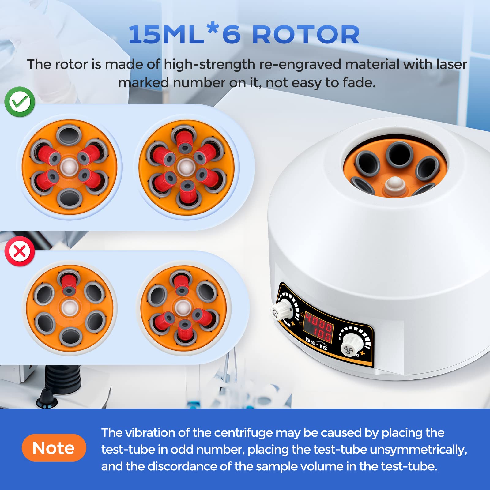 Bonvoisin Centrifuga con display a LED, 15mlX6 4000rpm, 1953xg, 100min Timing, basse vibrazioni, coperchio trasparente, per la precipitazione e la separazione dei campioni, Tubi da 2-15ml disponibili