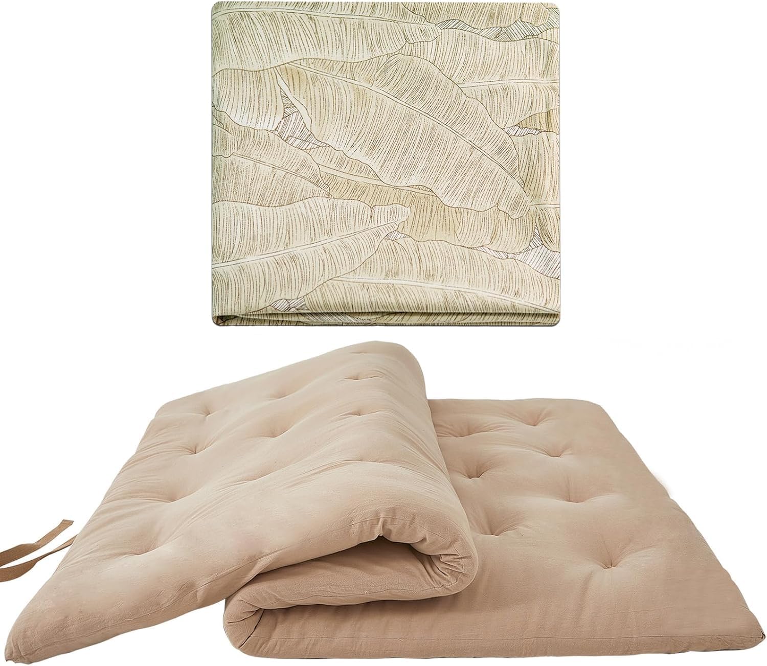 ZonLi Japanese Floor Futon Mattress Twin Size 39"x 80"(Khaki),with Futon Mattress Cover 43'' x 84'' Twin Size(Hand-Drawn Leaf Patterns)