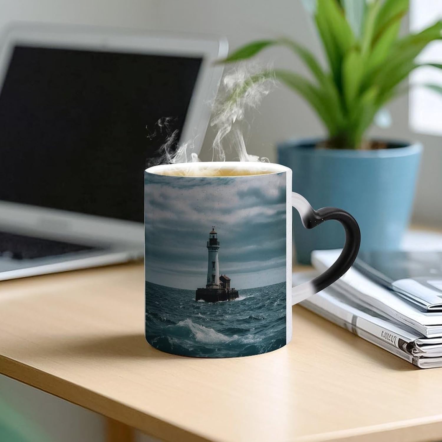 Lighthouse Ocean Color Changing Mug Heart-Shaped Handle Mugs Fashionable Tea Cup Coffee Cup Popular Tumbler And Cups For Office Workers Mug & Unique Gift Giving Teacup image 5