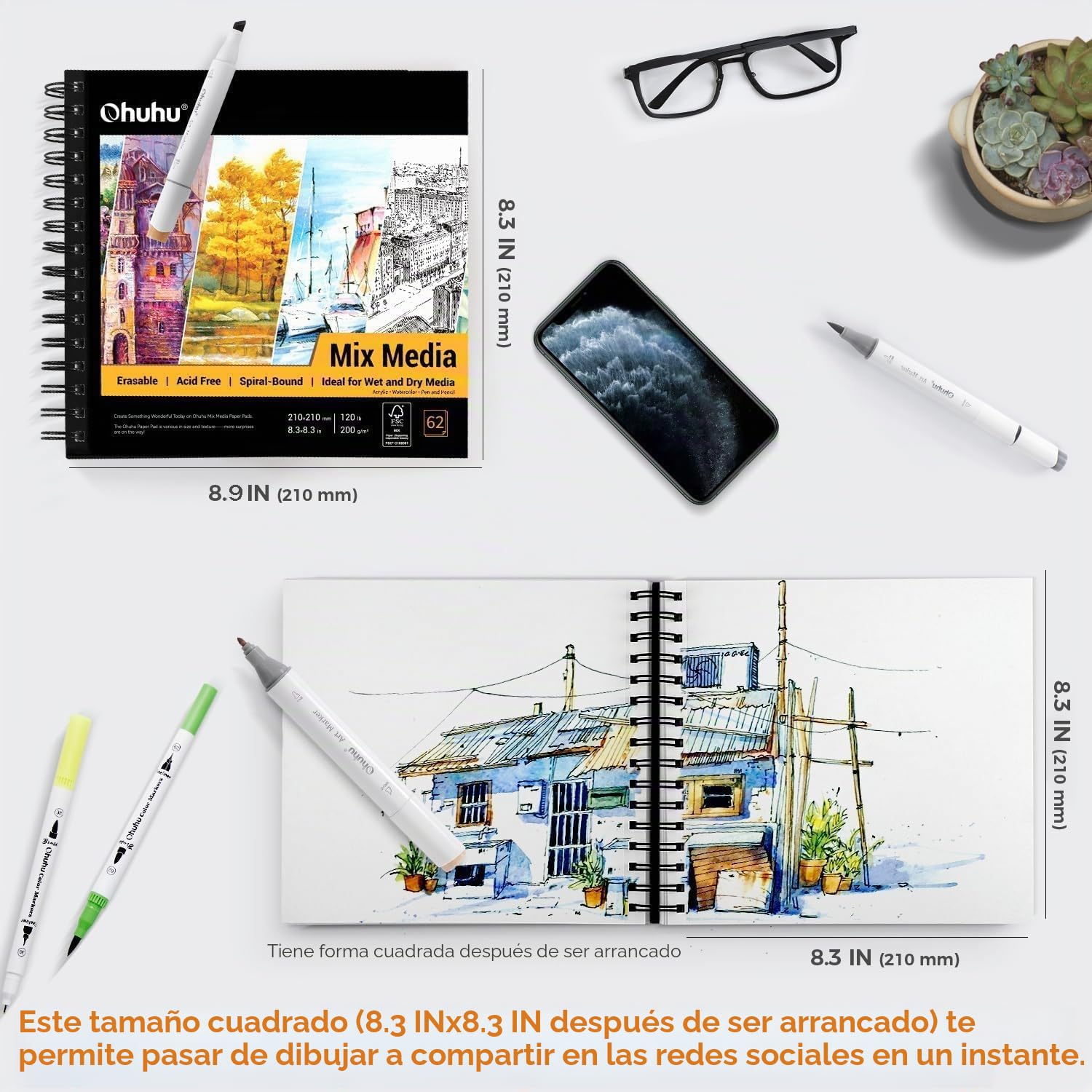 Ohuhu Cuaderno de Dibujo - 124 páginas/62 hoja - 200 g/m² - Tapa Dura - Encuadernado en Espiral - Papel sin ácido, Sketchbook para Marcador Acrílico Acuarela, 225mm x 210mm
