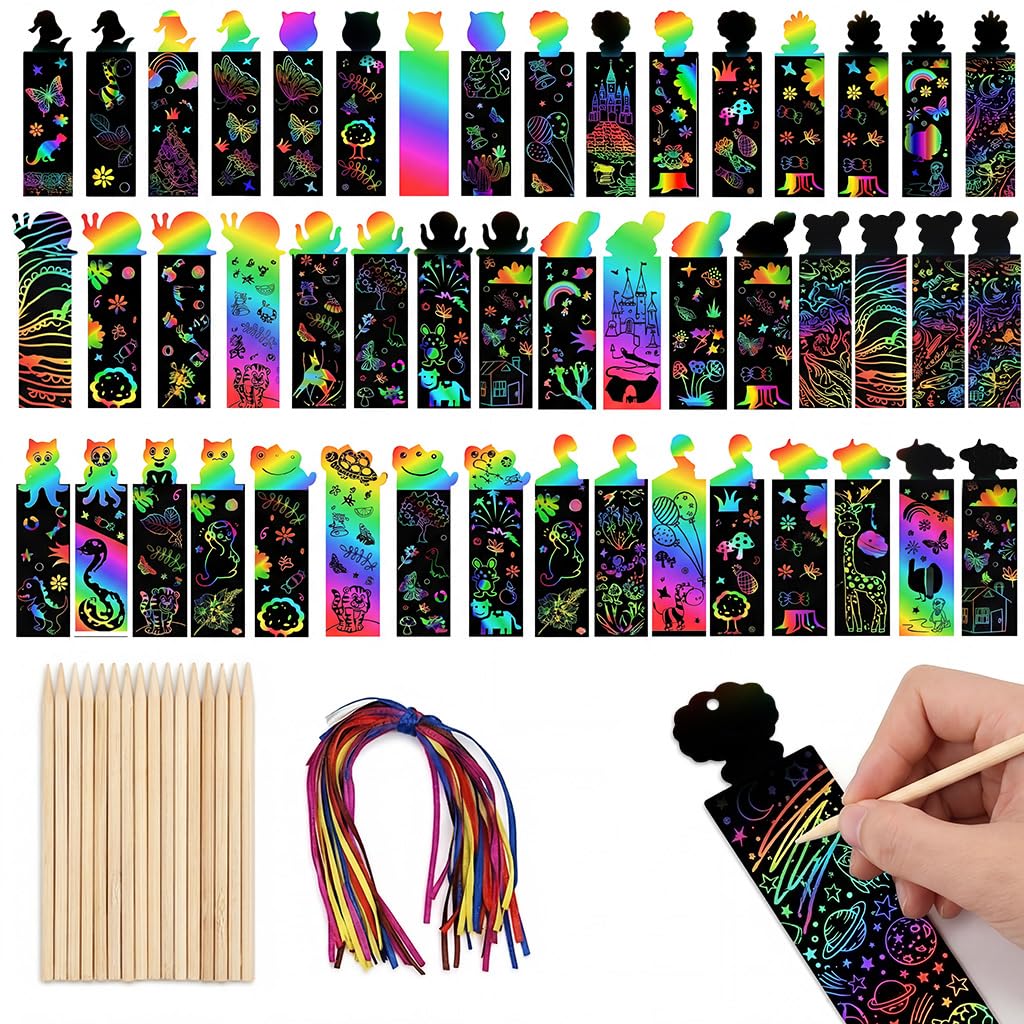 48 Pcs Scratch Art Bookmarks Rainbow Paper Set with Wooden Stylus and Ribbons, Animal Craft DIY Scratch Paper Art Tags for Party Favors Classroom Activities Creative Drawing and Decorative Hanging Use
