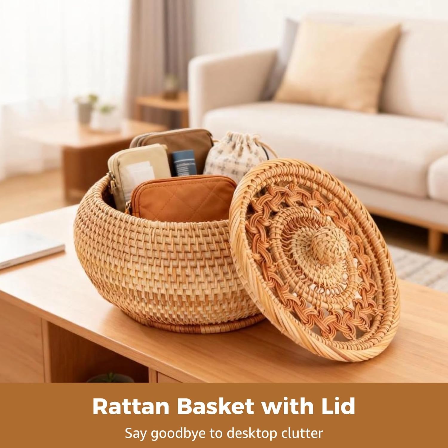 Round Woven Basket, 9.1 in Handmade Rattan Basket, Small Wicker Storage Box with Hollow Lid, Multipurpose Decorative Organizer for Living Room, Entryway and Kitchen