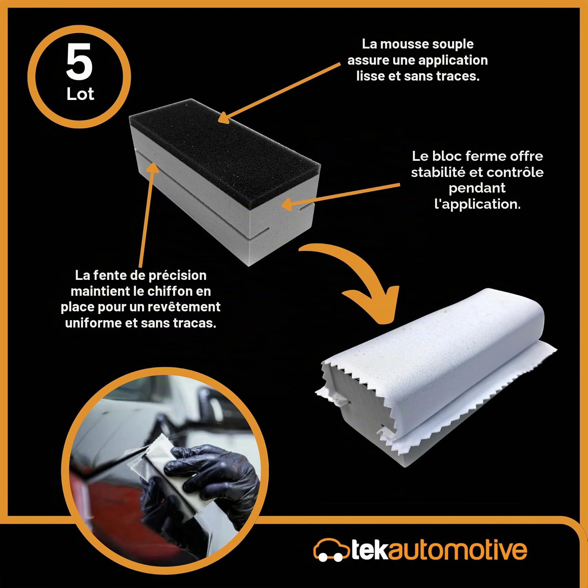 Tek Automotive Lot de 10 revêtements en céramique Pro - 5 chiffons en microfibre (12 x 10 cm) et 5 tampons applicateurs en mousse - Microfibre de qualité supérieure et design ergonomique pour
