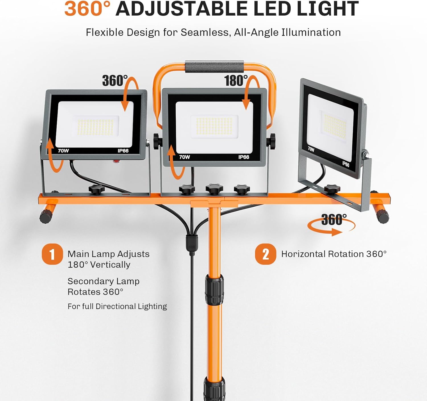 Upgraded 21000Lumen LED Work Lights with Stand - 3 Head Adjustable Work Light with 16FT Cord - IP66 Waterproof Tripod Worklights with Individual Switch for Outdoor Indoor Portable & All-round Lighting
