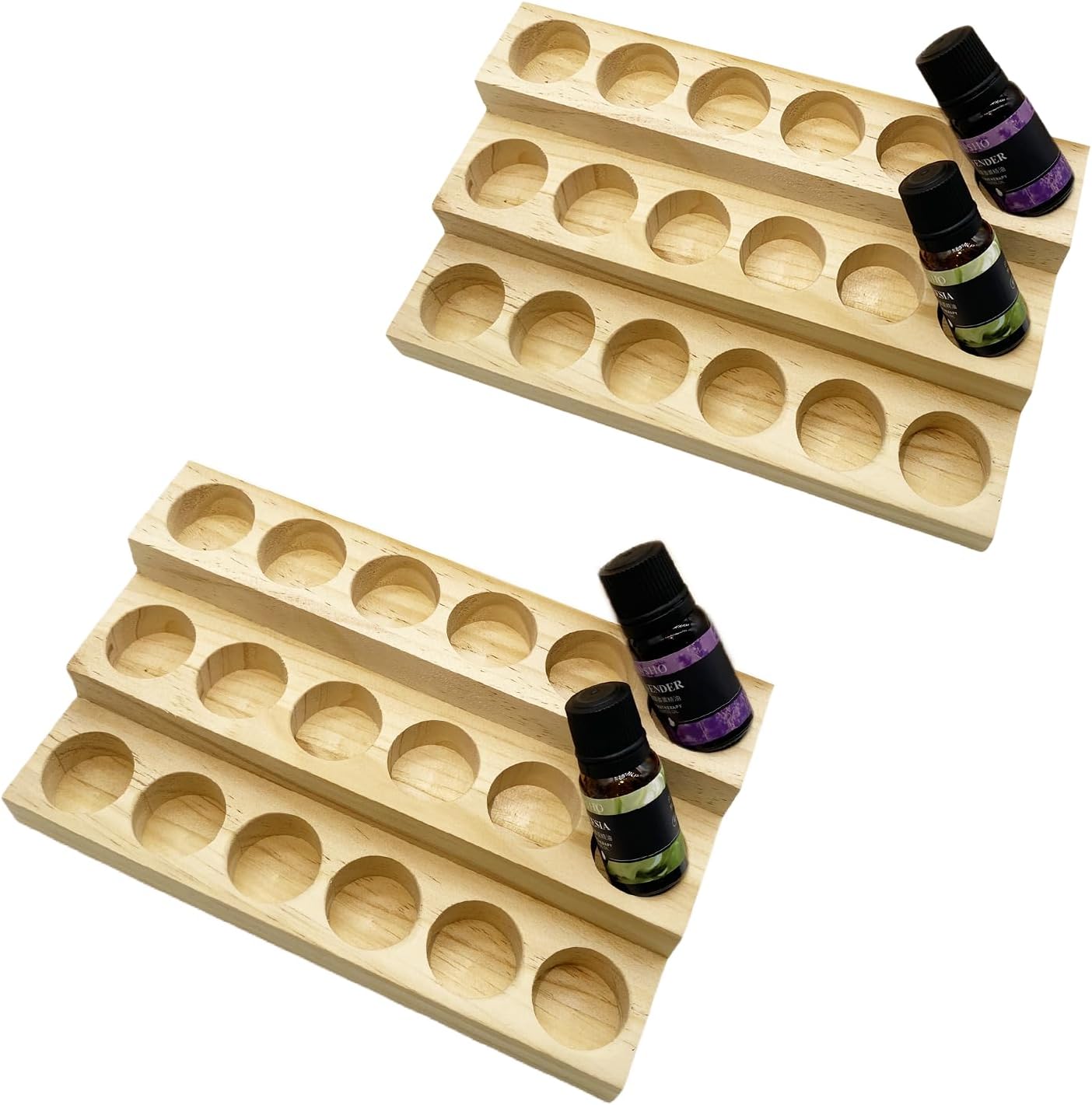 2 Pack Solid Wood Essential Oil Organizer 4 Layer Essential Oils Racks Tabletop Storage Rack Display Stand Holder for 5-20ml Bottles