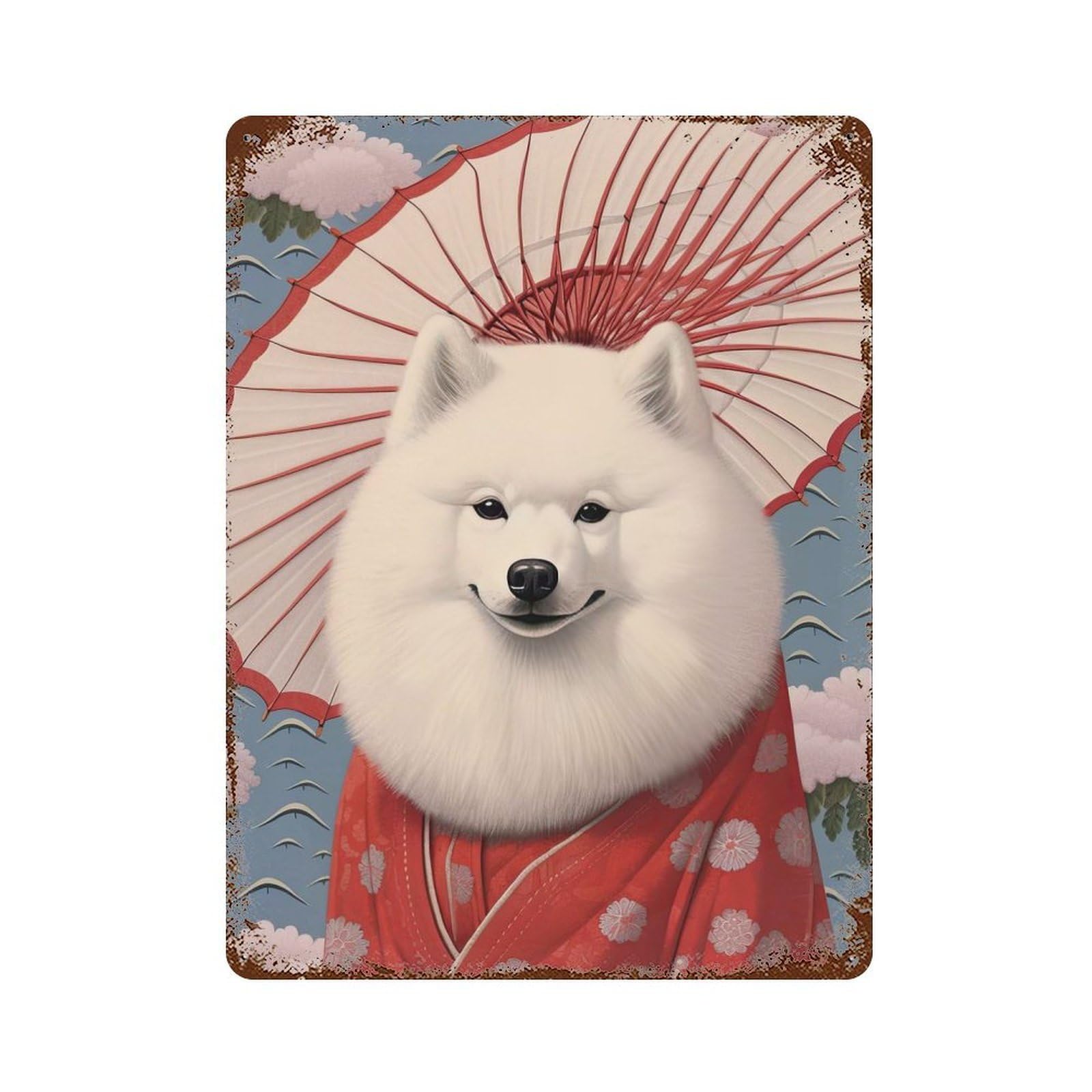 Samoyed Geisha Weathered Tin Sign 15.7"x11.8", for Shed, Workshop And Garage Wall Decor, Decorative Metal Wall Art