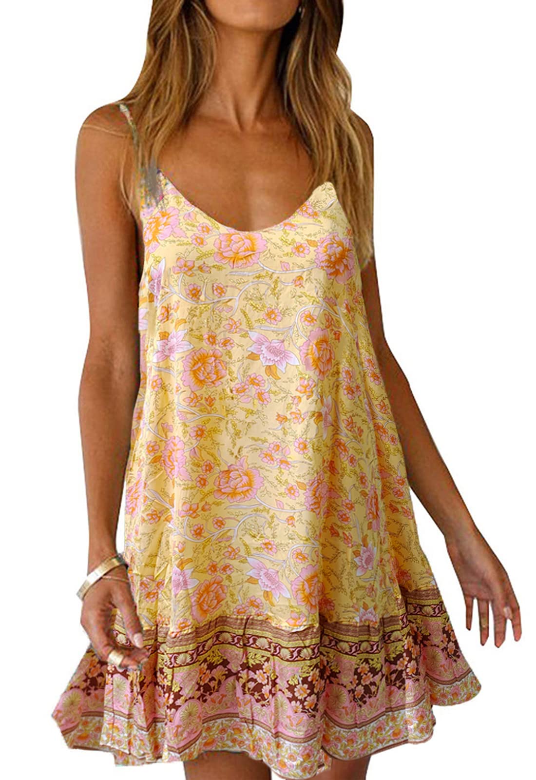 QearalWomens Boho Floral Printed Dress Summer Sleeveless Adjustable Strap Beach Mini Dress with Pockets