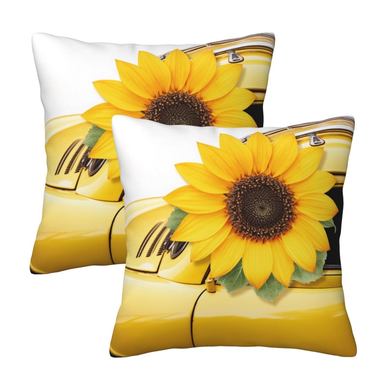 Sunflower on Yellow Car Throw Pillow Cases 2 Pack Square Pillowcases Soft Pillow Protectors for Couch Livingroom Sofa Bed Office Car,45x45 CM