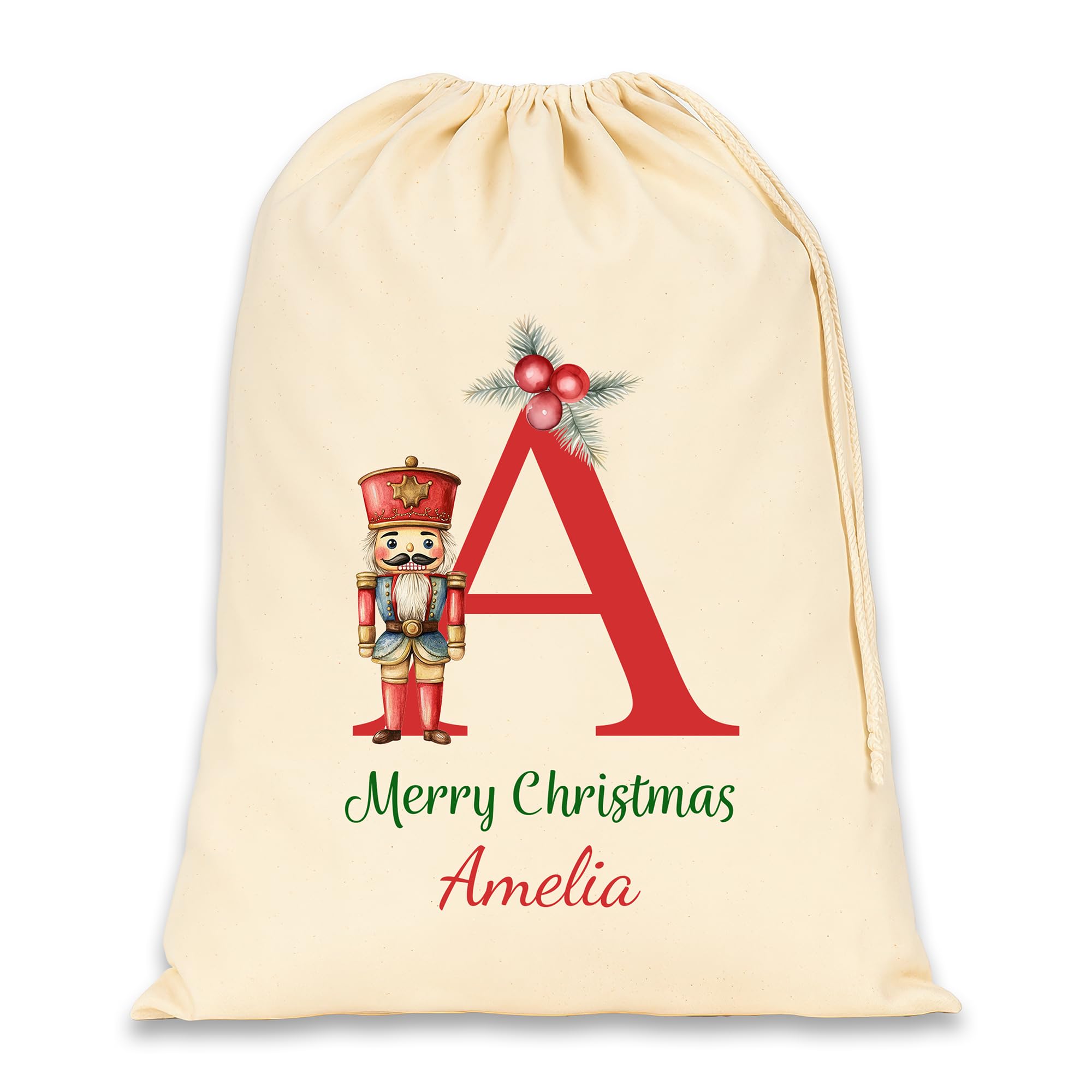 Personalised Santa Sack with Custom Name - Large Christmas Sack for Gifts - Xmas Gift Bag for Under Tree - Christmas Eve Bag - Christmas Stocking Alternative - Red Initial Nutcracker (Cotton)