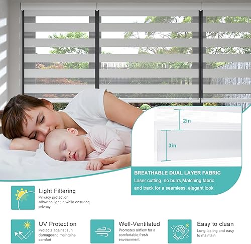 Miniatura 3 de Changshade RBS22WT72A - Persiana enrollable sin cordones estilo cebra con cajón, dos capas de malla y tela opaca para el día y la noche, 22 pulgadas