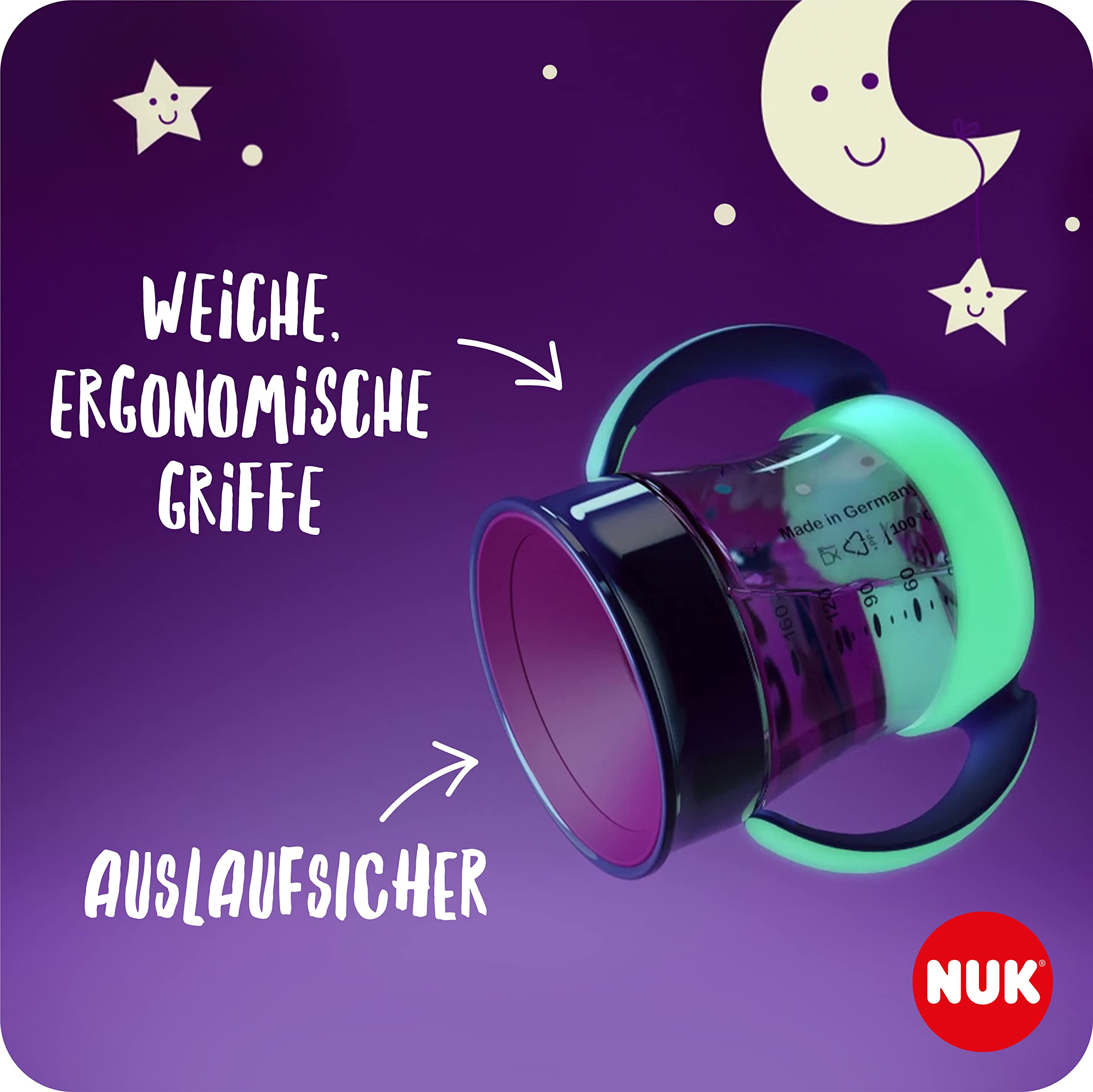 NUK Mini Magic Cup Night Trinklernbecher |6+ Monate |160 ml| 360°-Auslaufschutz-Rand zum Trinken von jeder Seite | Leuchtet im Dunkeln | Griffe für einfaches Halten | BPA-frei | Häschen (rosa)|2 Stück