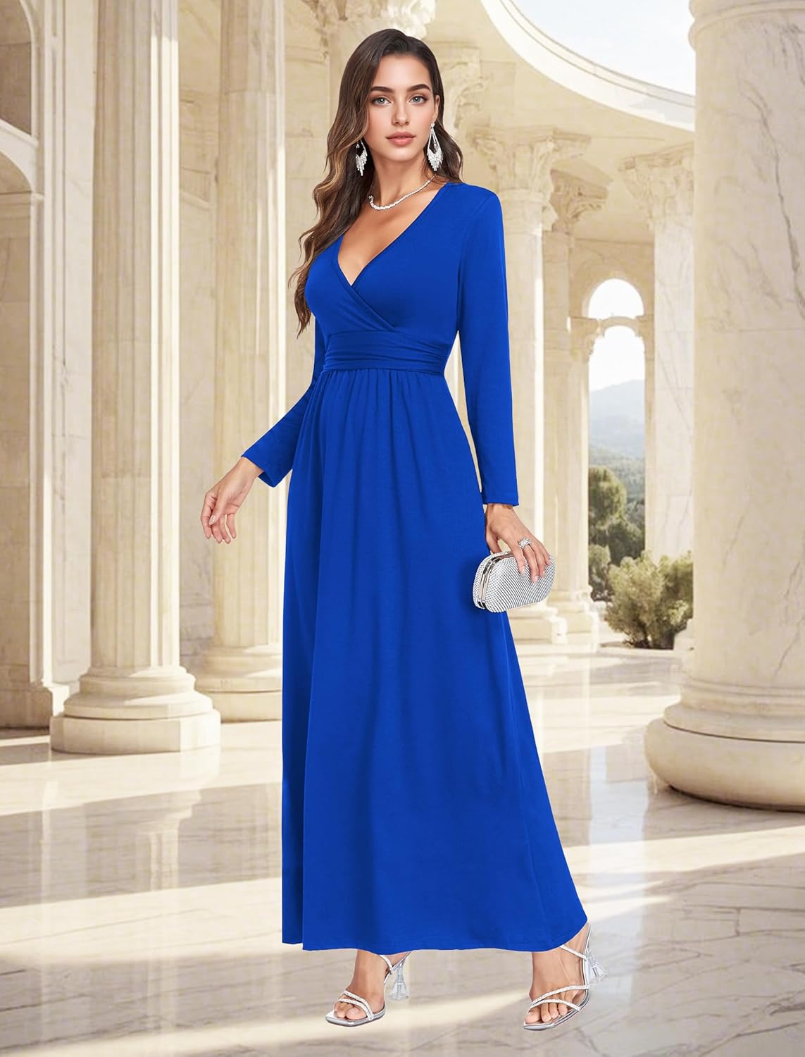 Lacavocor Women's Long Sleeve Deep V Neck Maxi Dress Casual Wrap Waist Long Dress with Pockets - Image 4