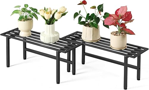Paquete de 2 soportes de metal para plantas al aire libre, estantes para plantas de interior, 1 nivel resistentes para múltiples plantas, 26
