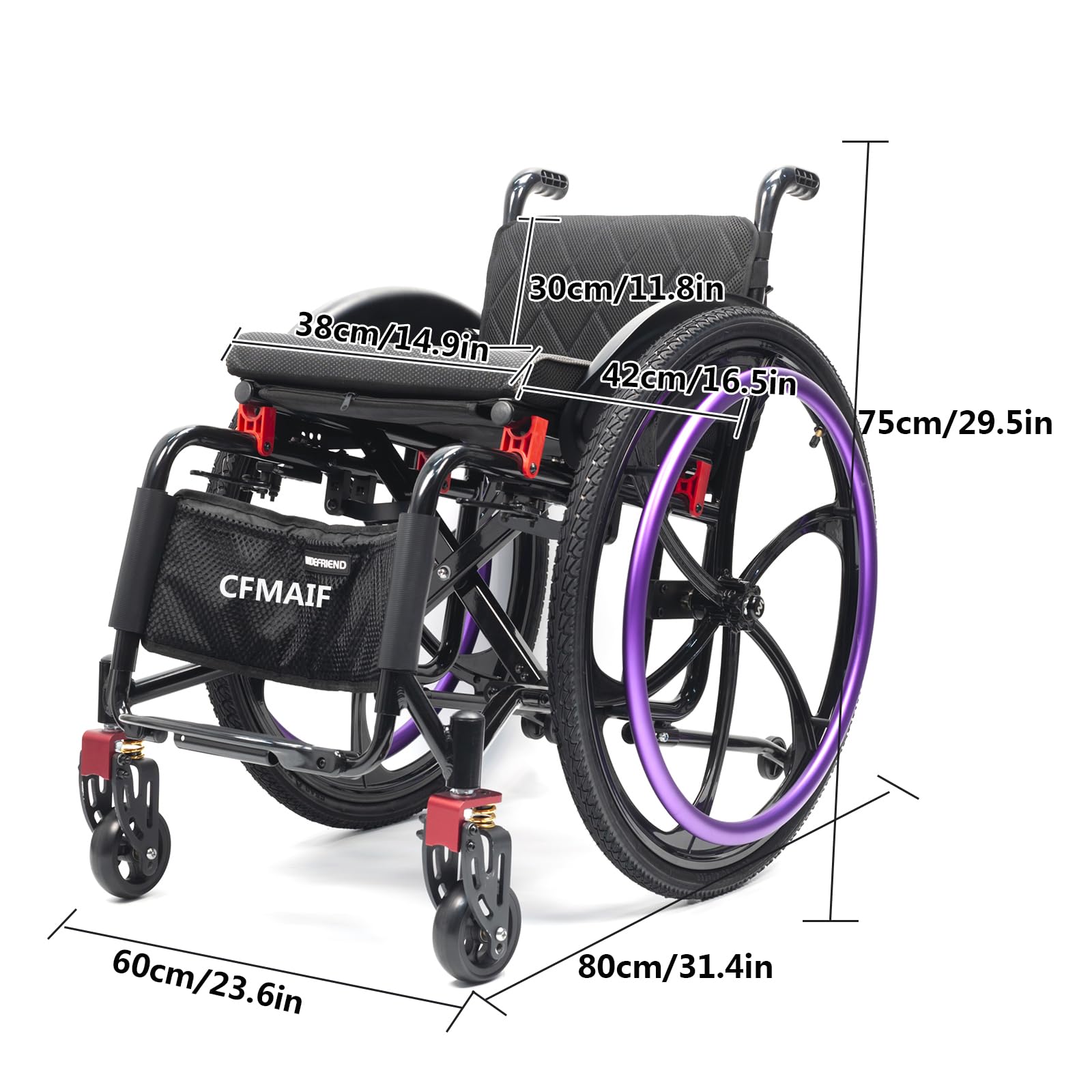 Sedia A Rotelle Reclinabile Pieghevole, Portatile, Autospinta, Carrozzina Pieghevole in Alluminio, Freno Manuale, Leggera(38cm/14.9in Seat,Red)