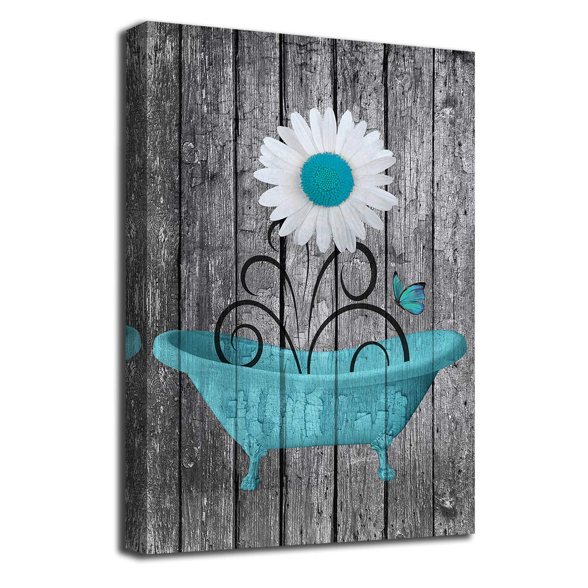 Bathroom Wall Art Daisy Canvas Pictures Modern Flower Bathtub Artwork Rustic Wood Board Background Contemporary Wall Art Decor Bedroom Living Room Office Home Framed Ready to Hang Blue 16" x 24"