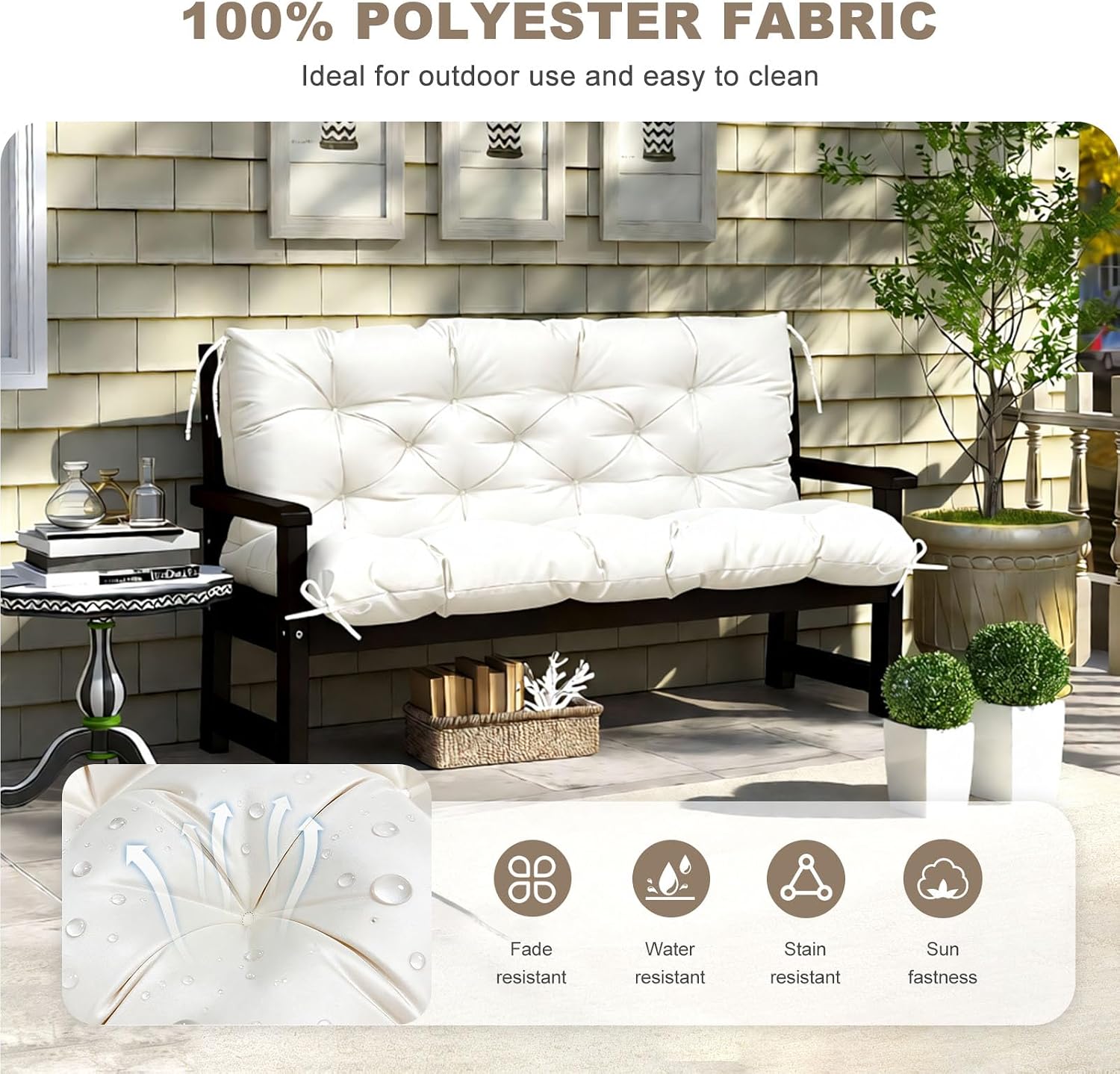Porch Swing Cushion with Backrest, Waterproof Bench Cushion for Outdoor Furniture, 2-3 Seater Replacement Thickened Swing Cushion with Ties, Patio,Outdoor, Backyard and Garden (Cream,40x40in) image 2