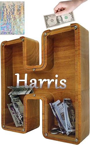 Vista 204 de Alcancía personalizada con nombre grabado láser, banco de almacenamiento de letras del alfabeto creativo, juguete de madera personalizado con letras