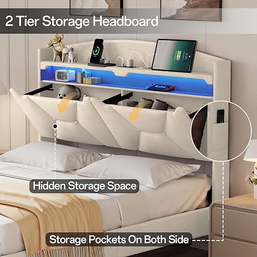 Miniatura 4 de Base de cama de tamaño matrimonial, marco de cama matrimonial con cajones de almacenamiento, marco de cama tapizado tamaño matrimonial con estación