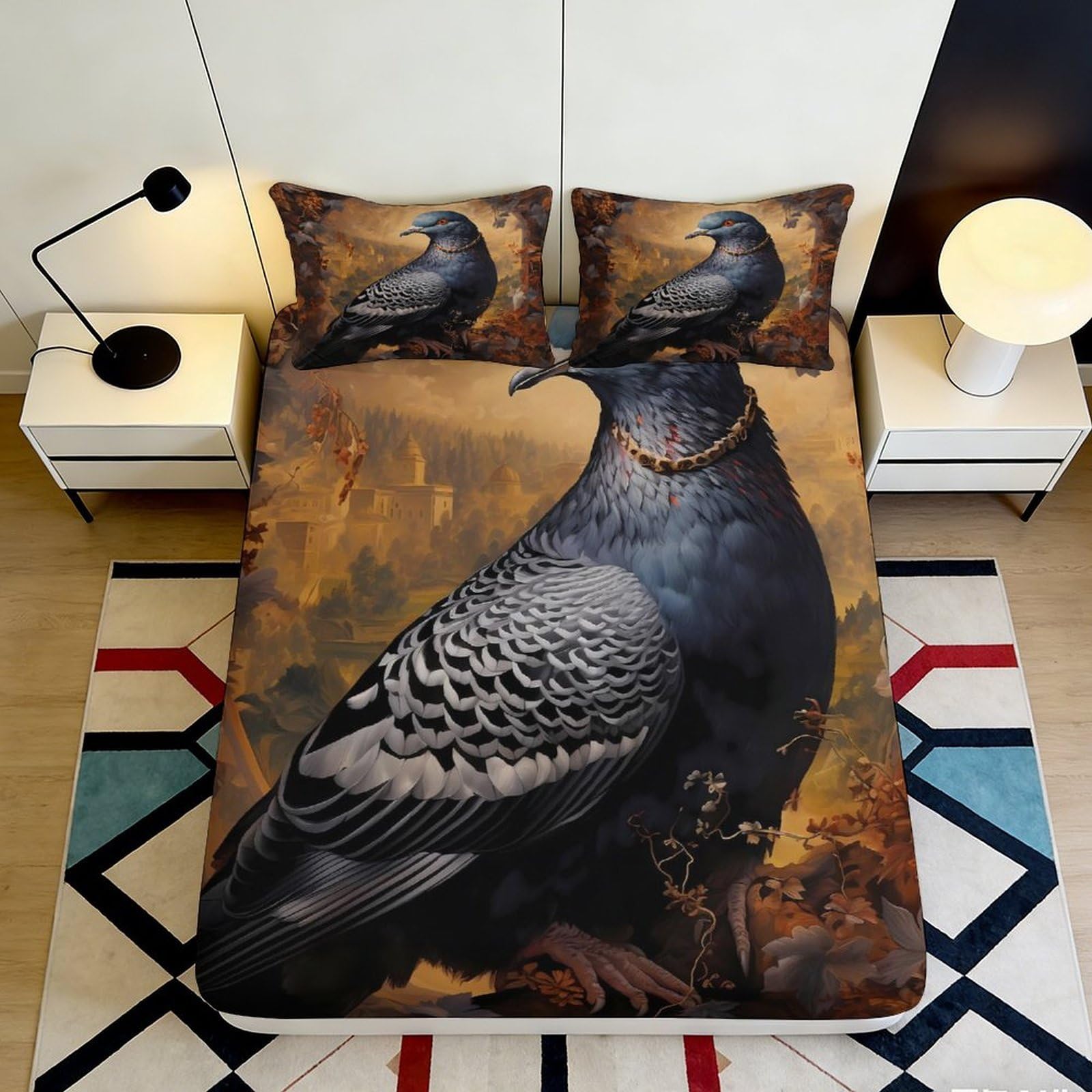 3D Printed Majestic Pigeon Fitted Sheet Microfiber Soft Decorative Bird Art Mattress Cover for Bedroom Guest Room 90x200x25cm