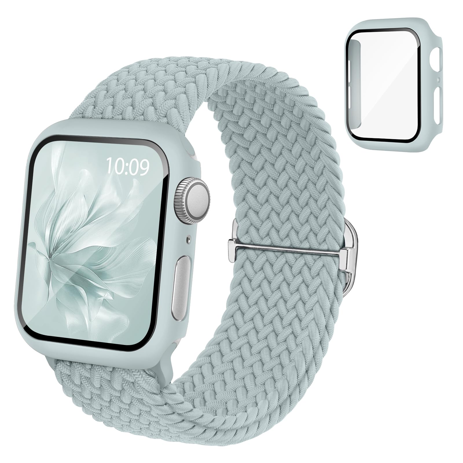 Braided Stretchy Band Compatible for Apple Watch Band and Case 40mm 41mm 42mm 44mm 45mm 46mm, Nylon Elastic Solo Loop and Protective Cover with Screen
