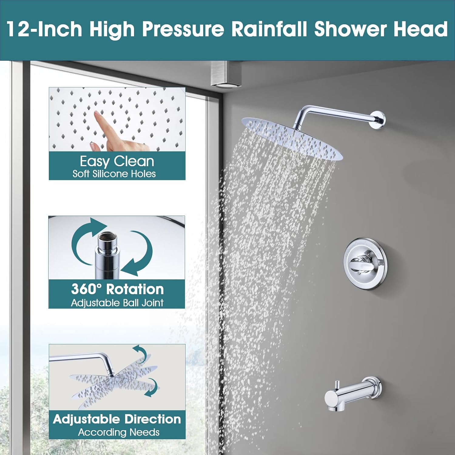 Replacement Faucet Shower Trim Kit for Delta 1300/1400 & 13/14 Series, Tub Shower Faucet Set, High Pressure 12" Round Rain Shower Head - Chrome (Valve/Cartridge Not Included)