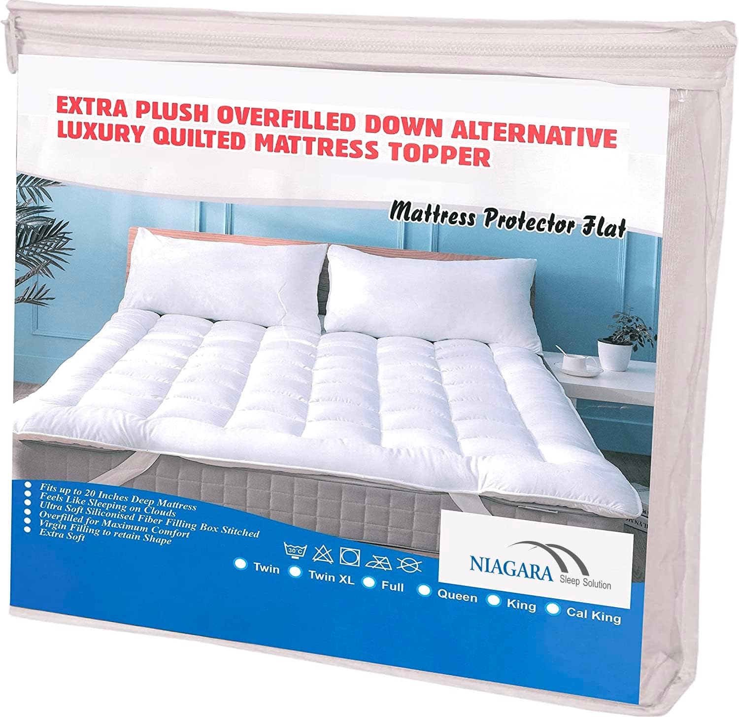 Niagara Mattress Topper Twin - Microfiber Fabric Mattress Pad - Thick Breathable Pillow Top Mattress Pad for Back Pain Relief - Deep Pocket Fits 8-20 Inches Mattress (39x75 Inches)