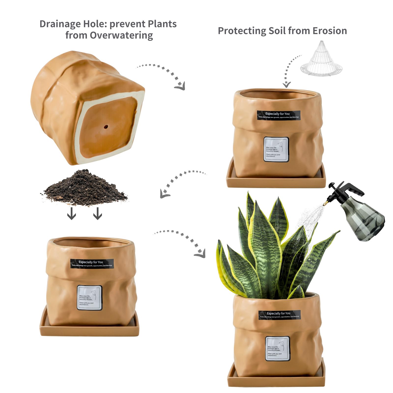 Nihow Keramik-Blumentopf: 20,3 cm Übertopf mit Drainageloch & quadratischer Untersetzer für Kräuter/Pflanzen, Taschenform-Design, Blumentopf für Innen- und Außenbereich, Gartendekoration, Terrakota