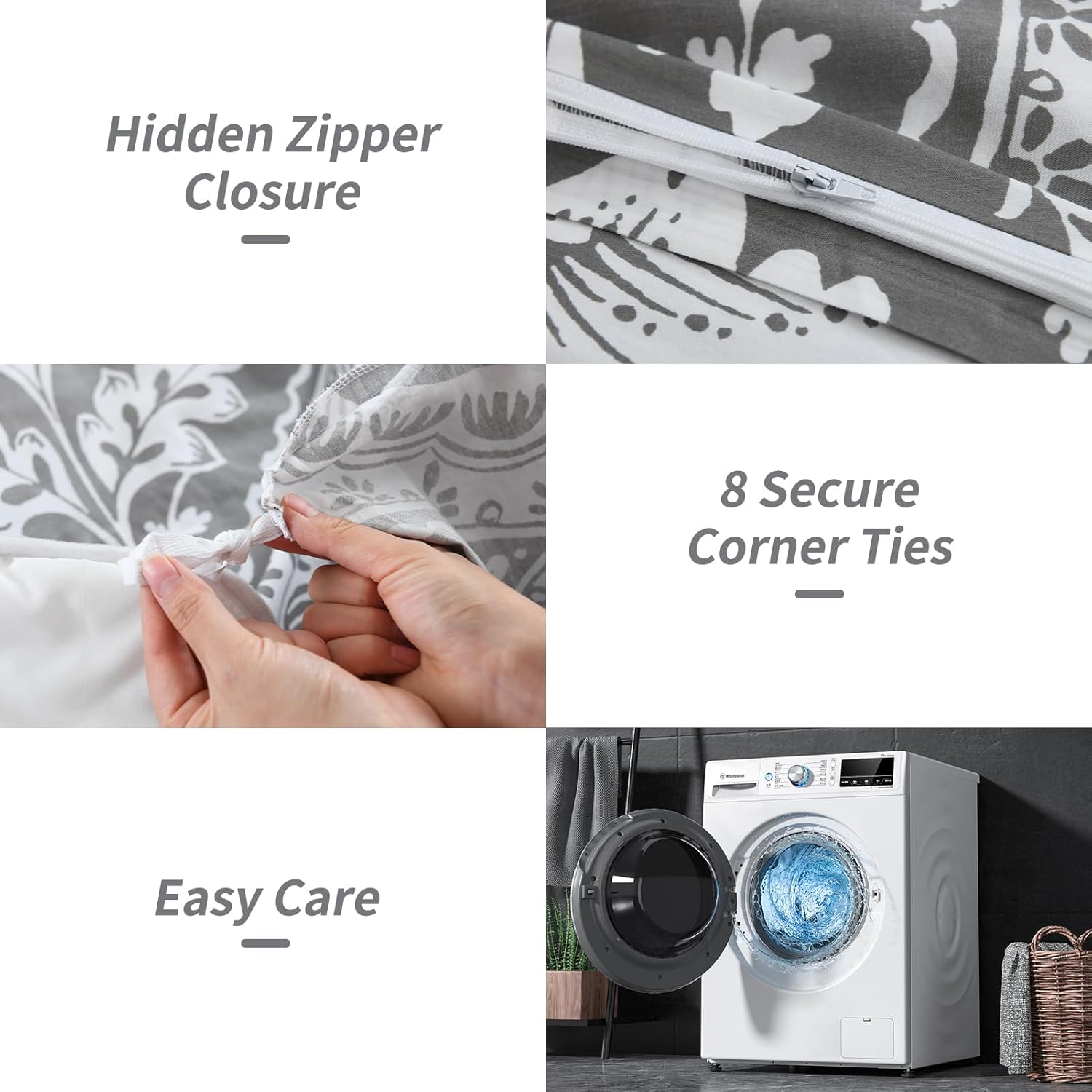 PERHOM Grey Duvet Cover King - 3 Pieces Paisley Damask Duvet Cover King Size, 100% Cotton Duvet Cover Set, Ultra Soft Breathable Bedding Duvet Covers for All Season, 104"x90", No Comforter