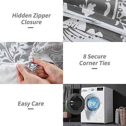 Miniatura 5 de PERHOM Funda de edredón tamaño Queen, 100% algodón, tamaño Queen, 3 piezas, estampado de cachemira gris, medallón, damasco, con 1 funda de edredón