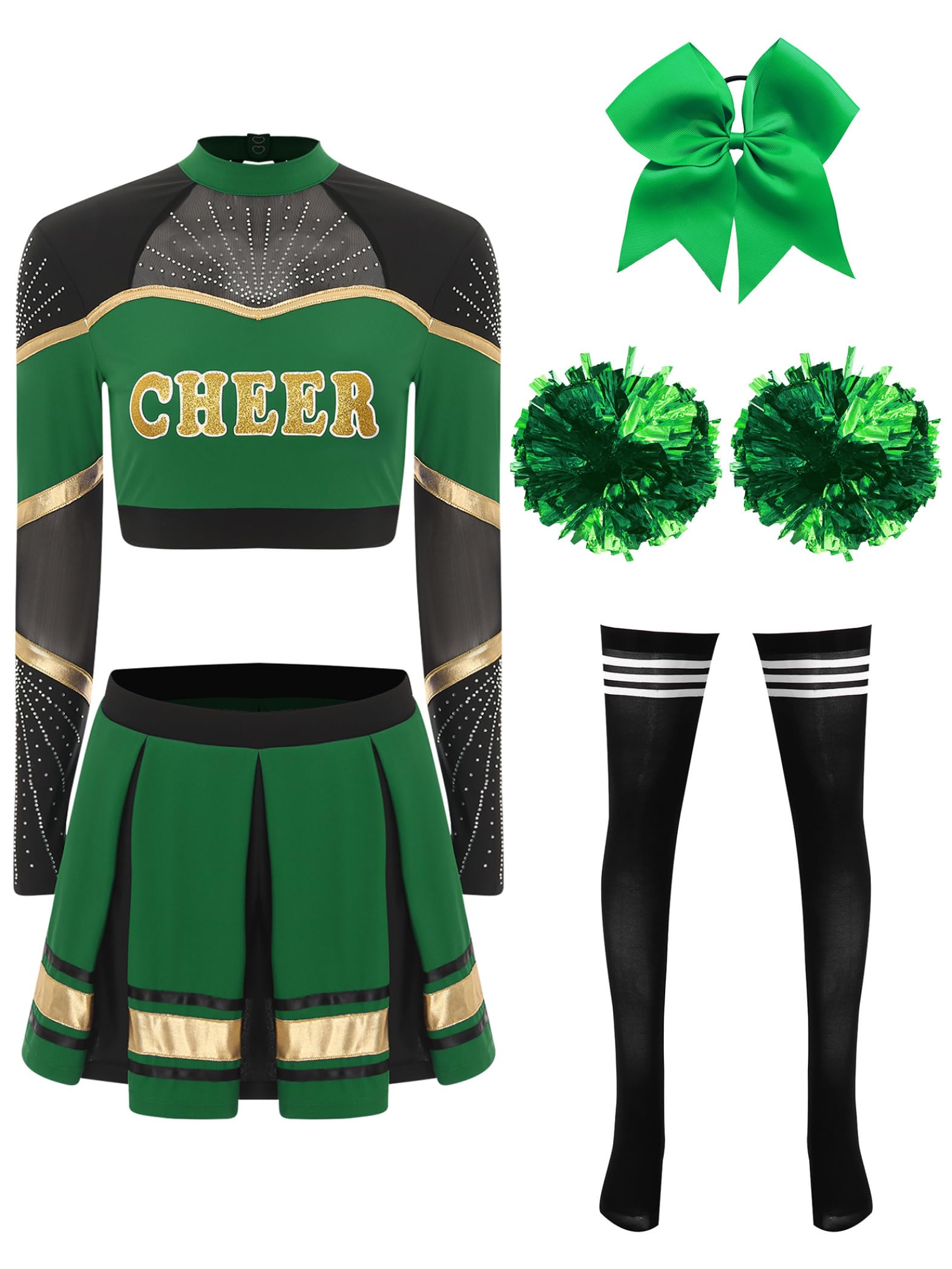 Damen Cheer Leader Kostüm Cheerleading Uniform 5tlg.Langarm Crop Tops mit Rock Pompoms Socken Haarband Tanzkleid Karneval Fasching Partykleid