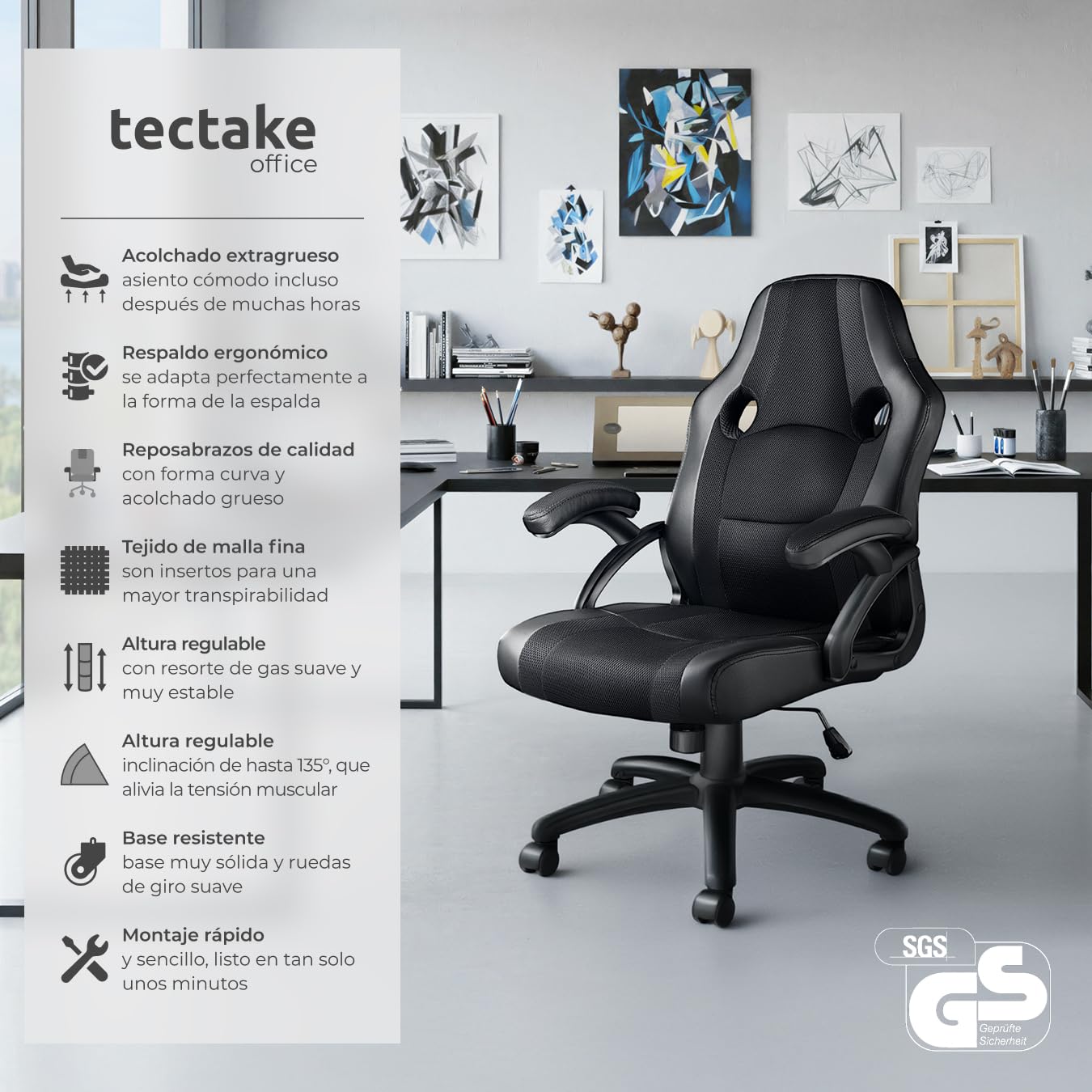 tectake® Silla Gaming, Silla Oficina Ergonómica, Reposabrazos, Ajustable Altura, Silla Estudio, Gaming Chair, Asiento Gamer, Sillón Gaming, Ergonómico, Mecanismo Basculante, Giro 360 - Negro/Negro