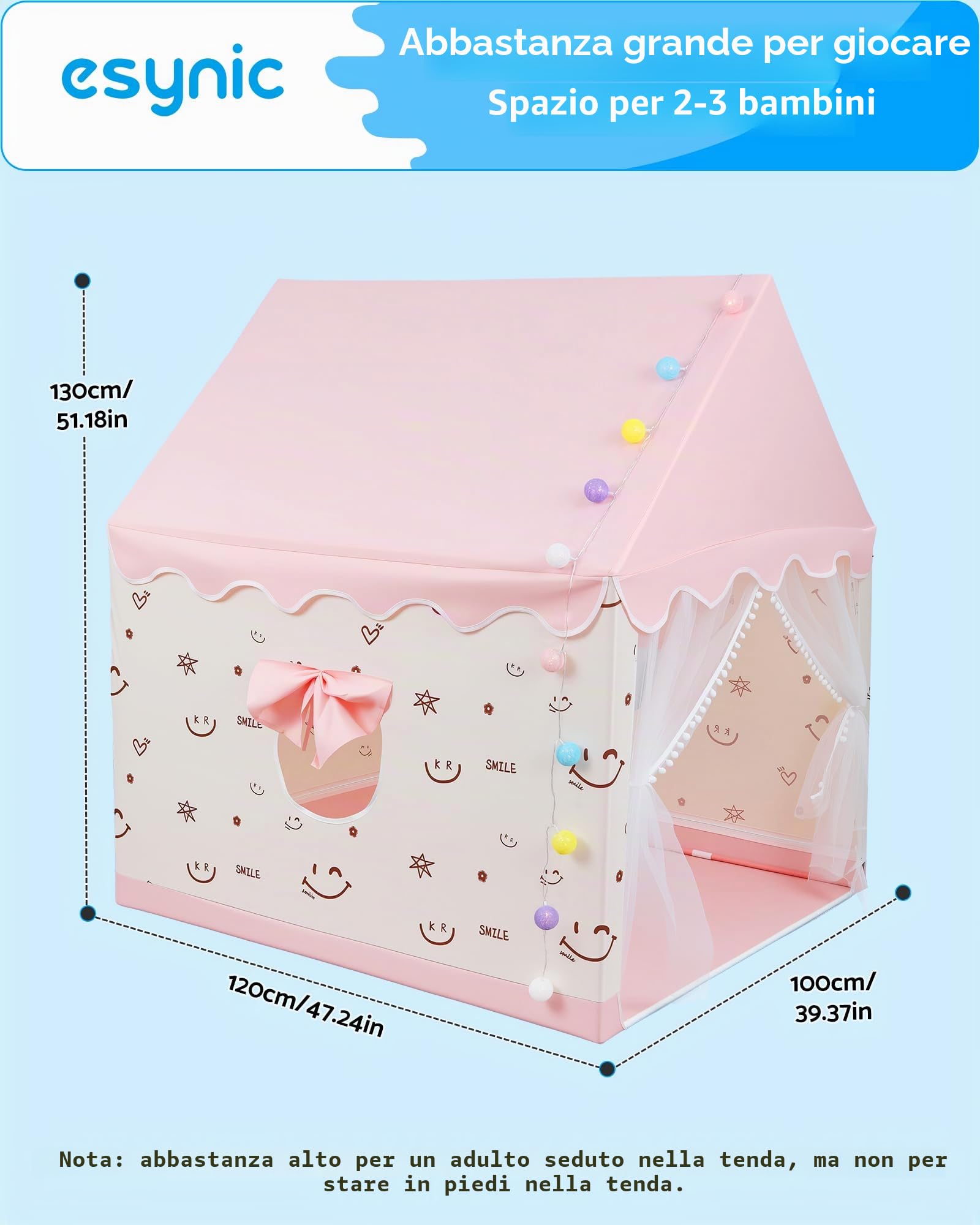 eSynic Tenda da Gioco per Bambini con Luci LED Decorative, Casetta Stanza di Attività Giochi Riposo con 2 Finestre per 2-3 Piccoli, Angolo da Lettura Studio, Facile da Montare - Rosa