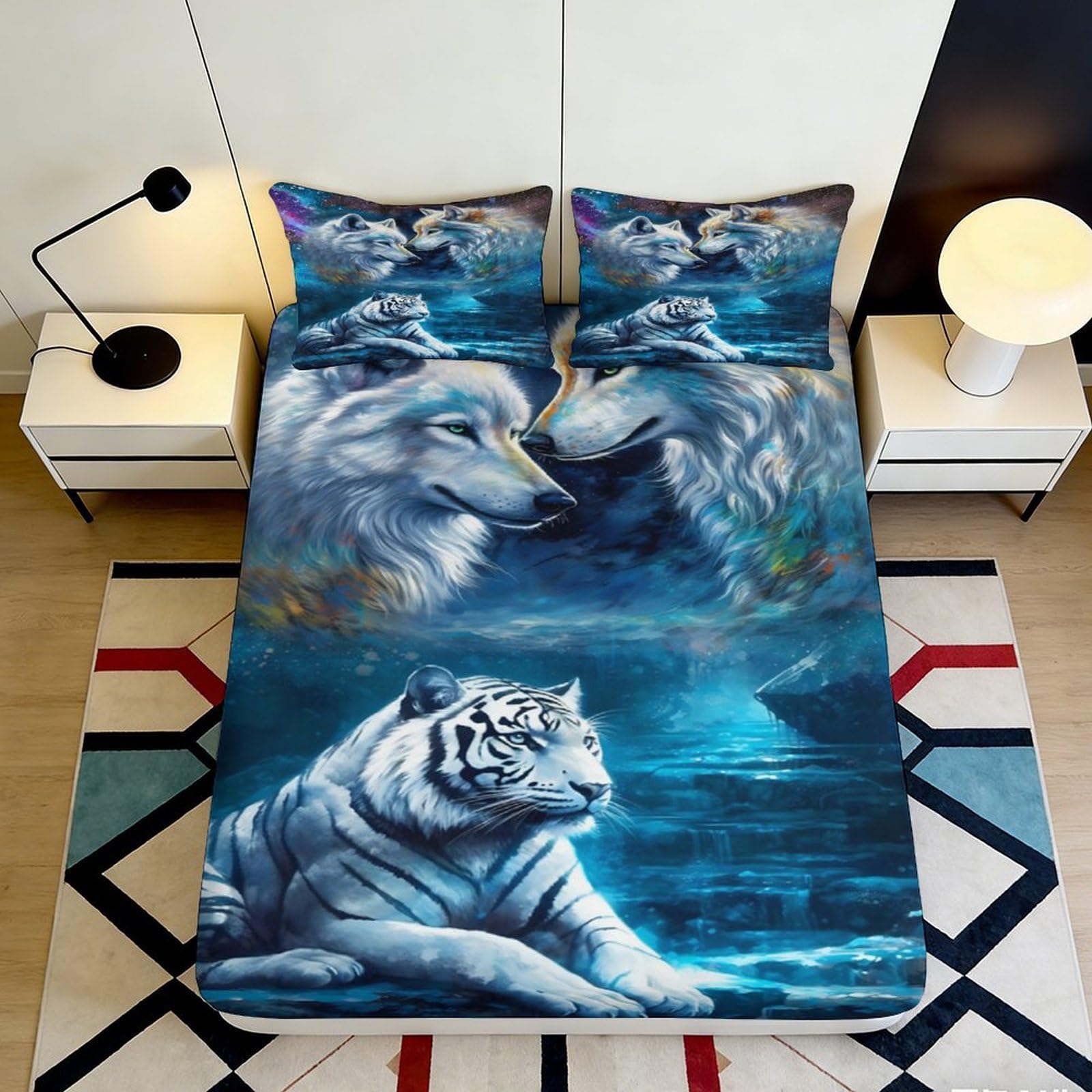3D Printed wolf Fitted Sheet, blue tiger Bed Cover, microfiber, soft touch, wrinkle resistant, easy care, home bedroom decor, apartment bedding, dustproof, 112 90x200x25cm