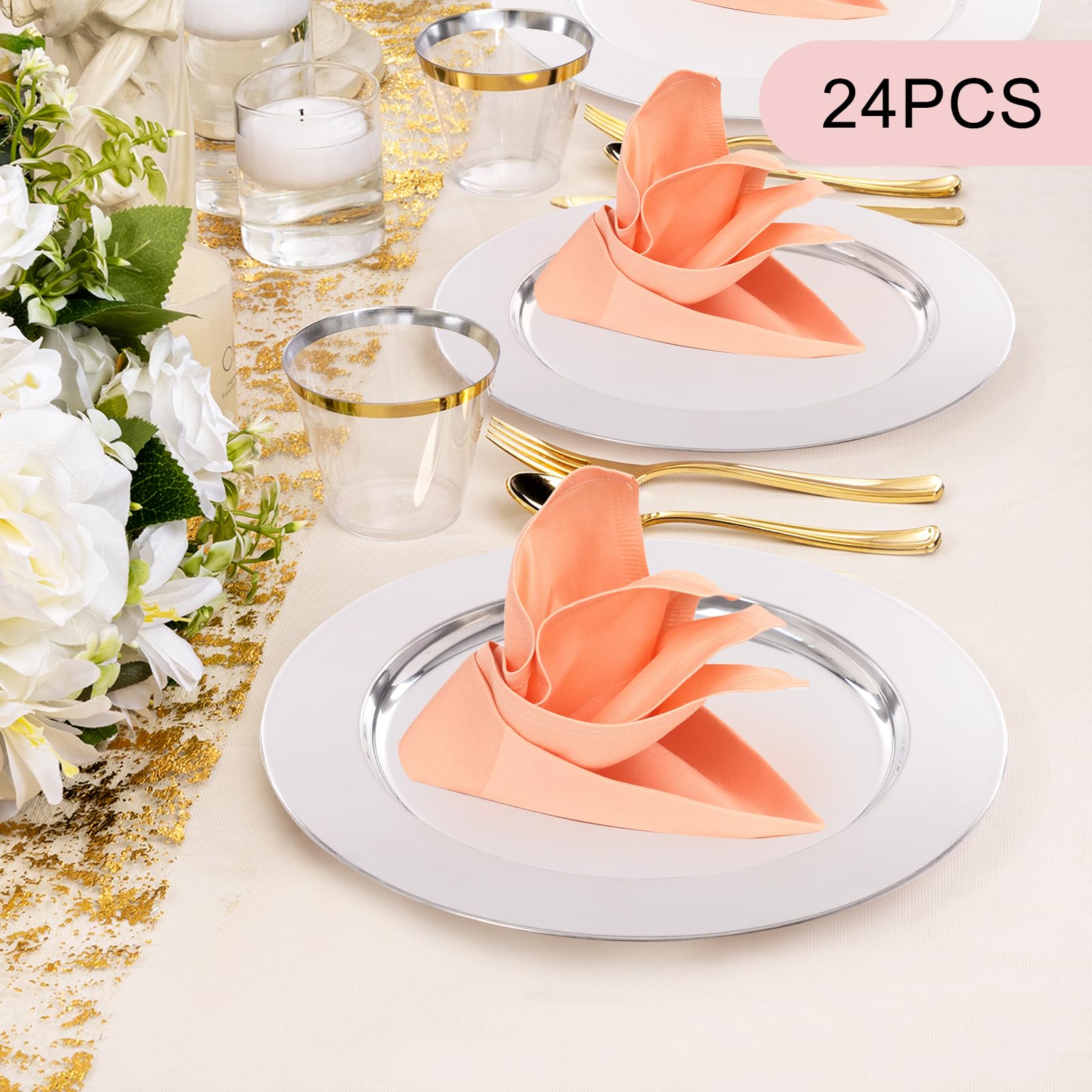 Paquete de 24 platos de carga dorados de 33 cm, acero inoxidable 410 con borde en relieve, platos decorativos reutilizables para boda, Navidad, Halloween, fiesta, banquete, decoración de mesa de