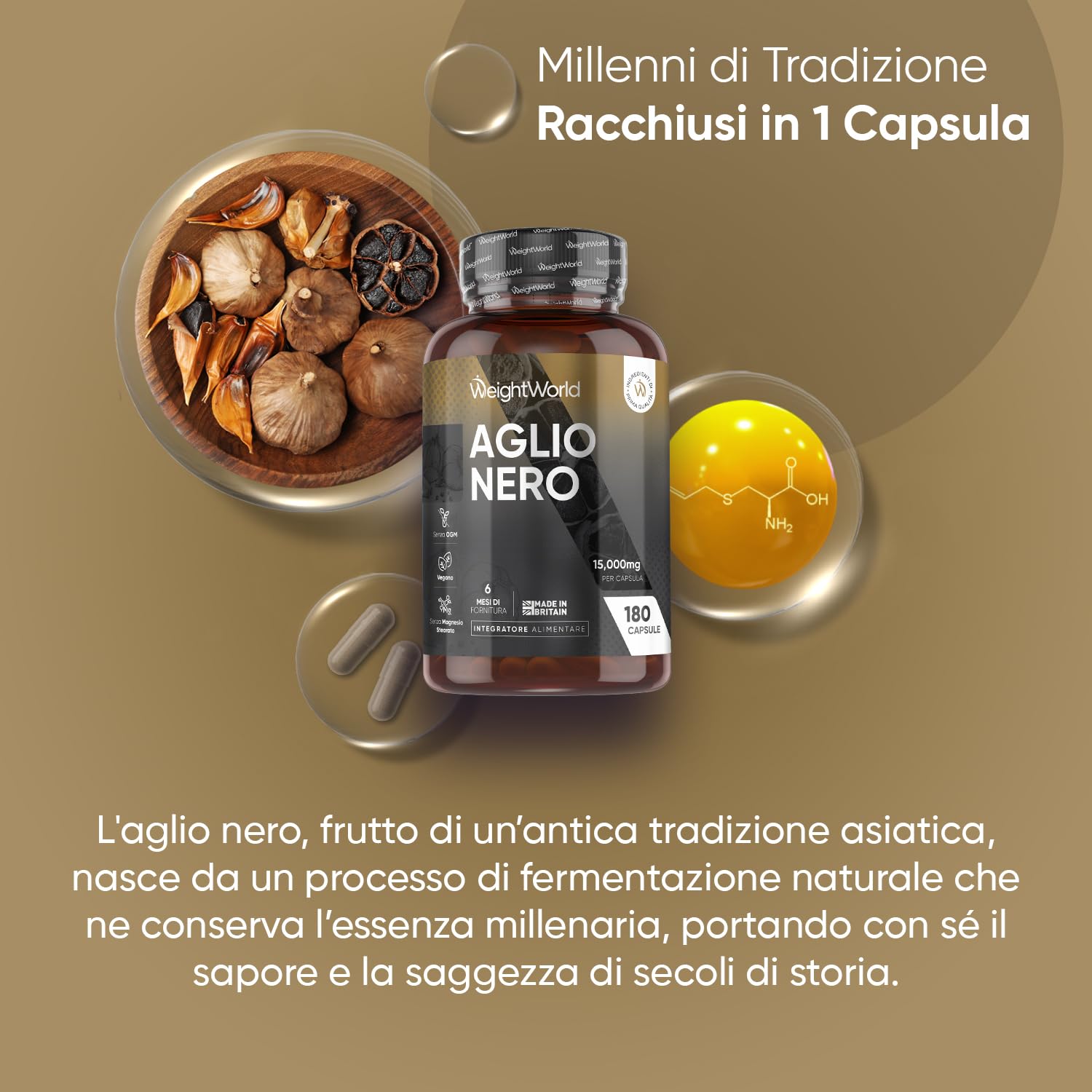Aglio Nero Fermentato, 6 Mesi di Scorta, Estratto 100:1, 1 Sola Capsula al Giorno, Vegano, 180 Aglio Nero Capsule da 15000mg Ciascuna, da Allium Sativum, Senza Glutine, Senza Magnesio Stearato né OGM