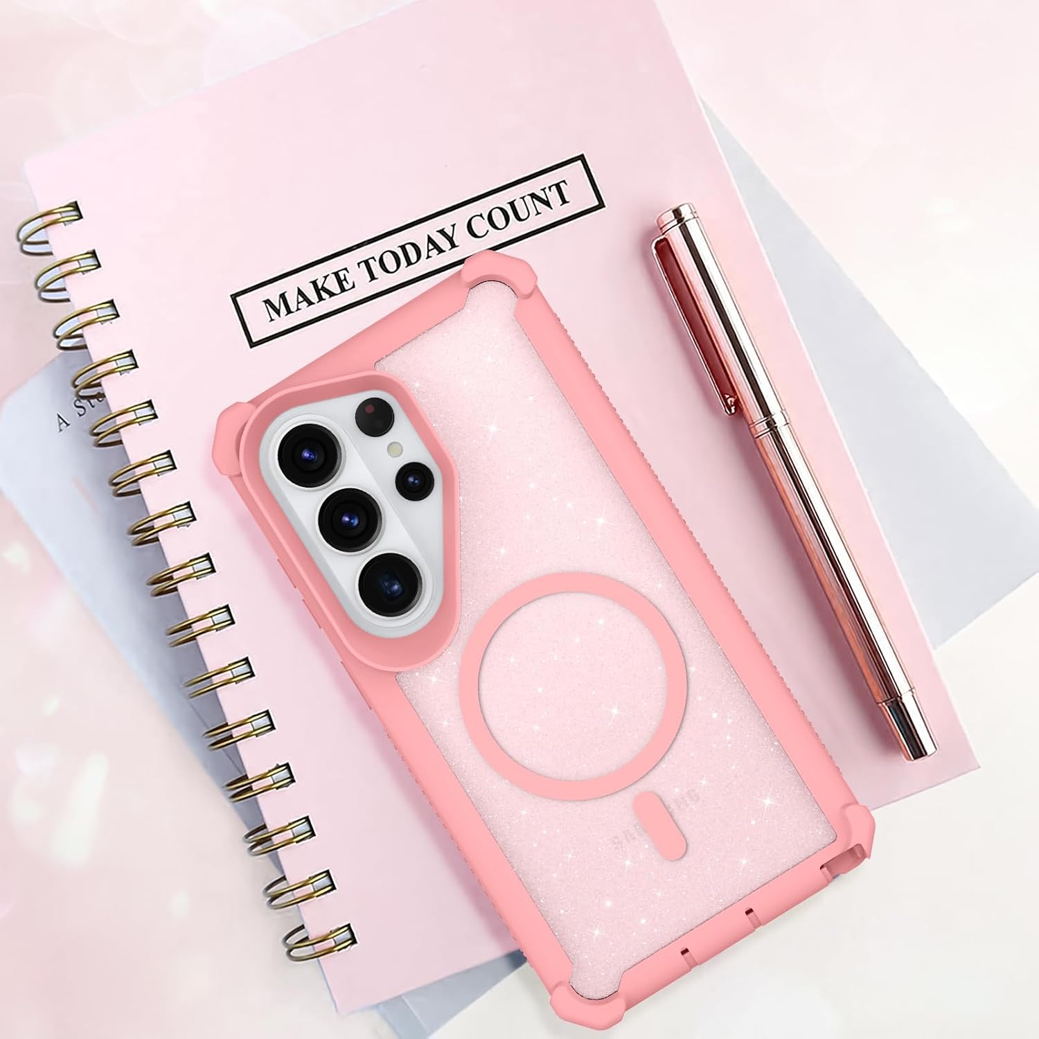 Bonoma Magnetic for Samsung Galaxy S26 Ultra Case, Compatible with Magsafe Sparkly Glitter Bling Back Design Crystal and Corner High-Duty Protection Shockproof Phone Cover for Girls Women, Pink